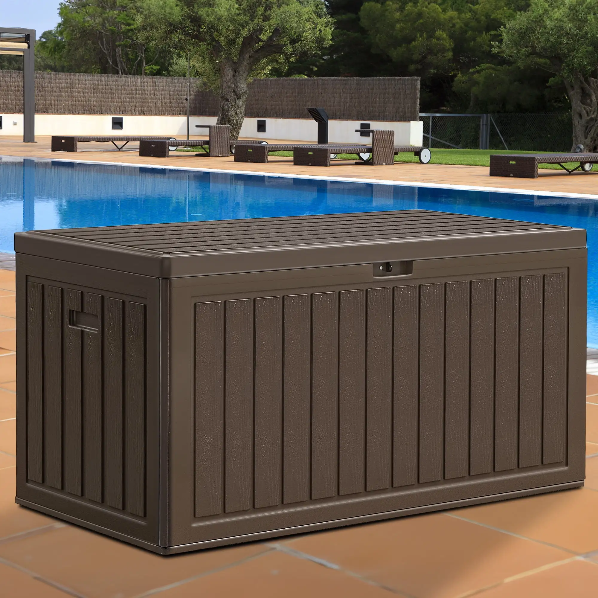 Dextrus 86 Gallon Large Deck Box. Double-Wall Resin Outdoor Storage Boxes. Deck Storage for Patio Furniture. Cushions. Pool Float. Garden Tools. Lockable & Waterproof (Brown)