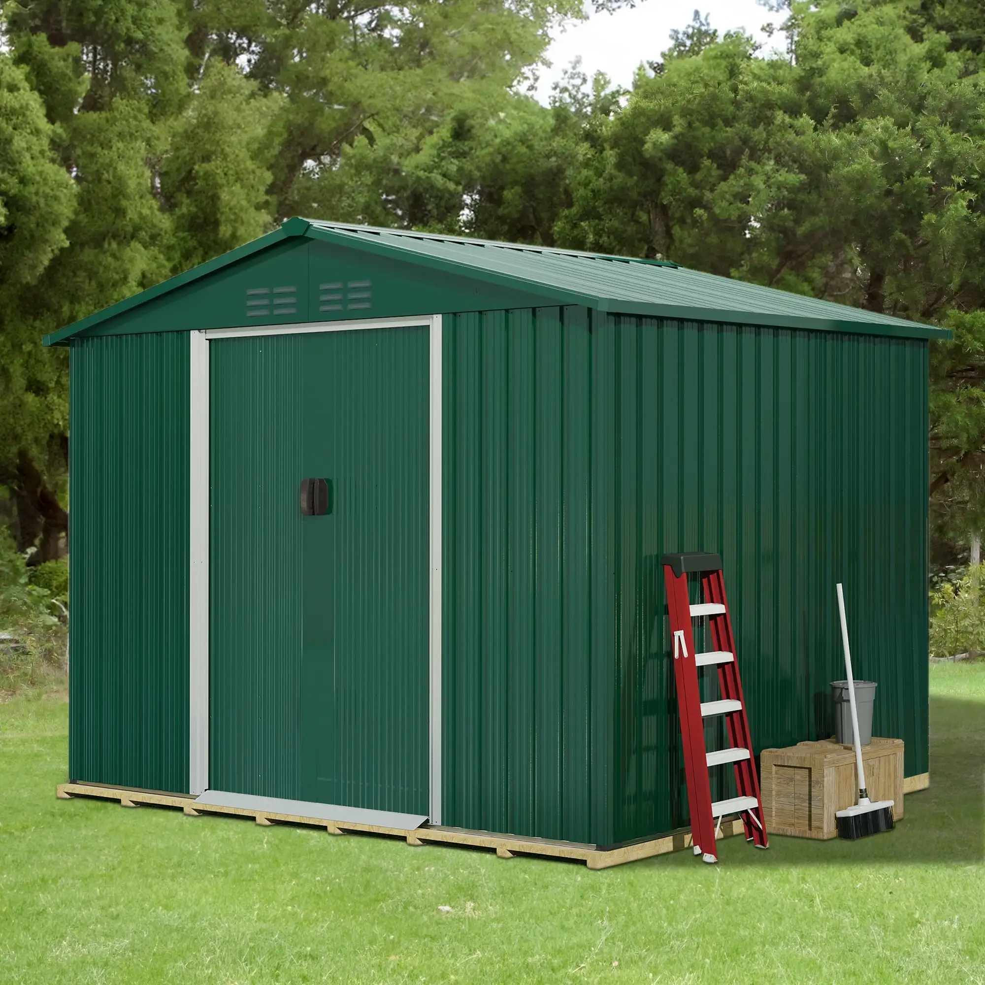 Dextrus 8x6 FT Outdoor Storage Shed. Large Metal Tool Sheds. Heavy Duty Storage House with Sliding Doors & Air Vent for Backyard Patio Lawn to Store Bikes. Tools. Lawnmowers. Green