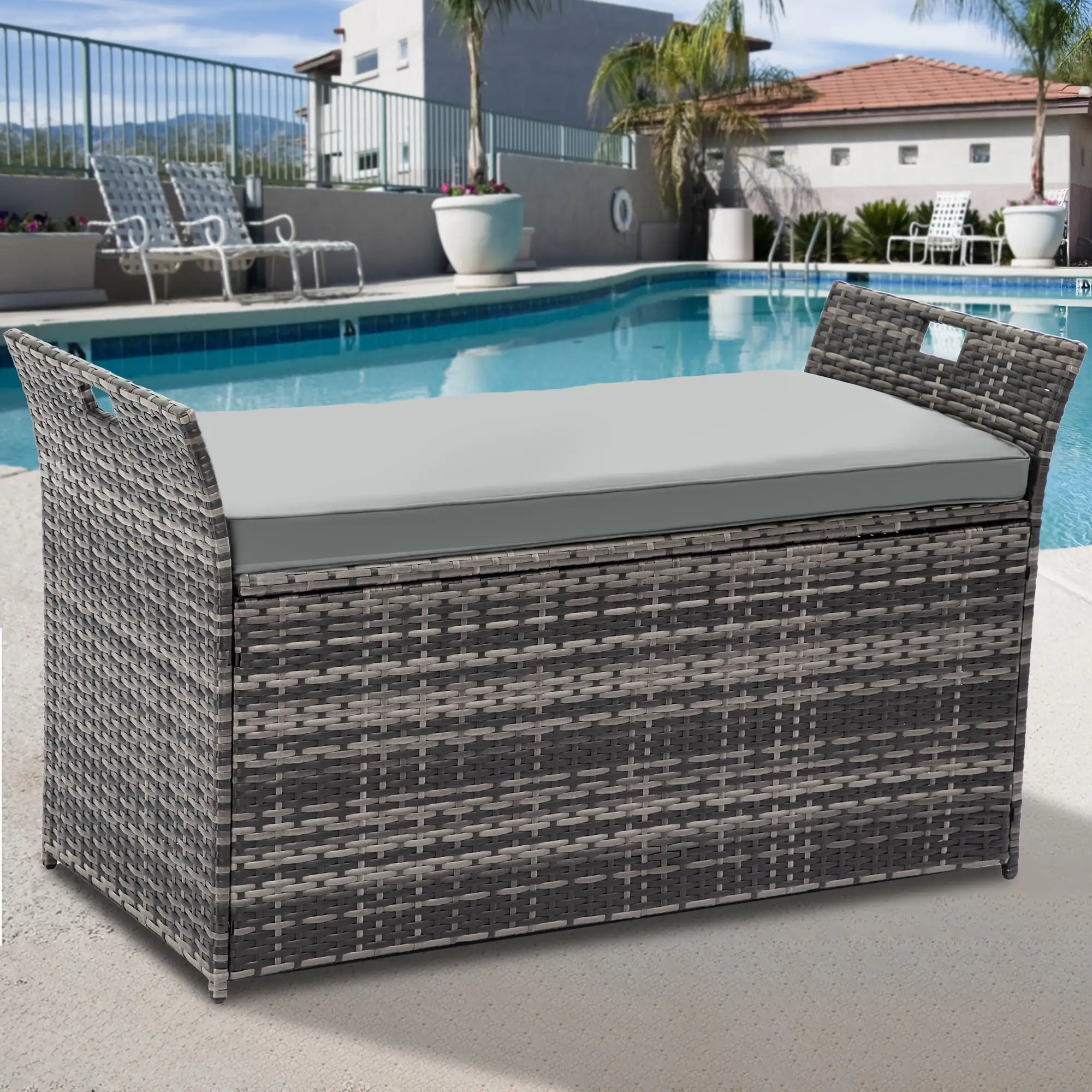 Dextrus 90 Gallon Outdoor Wicker Storage Bench w/Cushion. Large PE Rattan Deck Storage Box w/Handles & Hydraulics for Patio Furniture. Cushions. Garden Tools. Pool & Sports Equipment. Gray