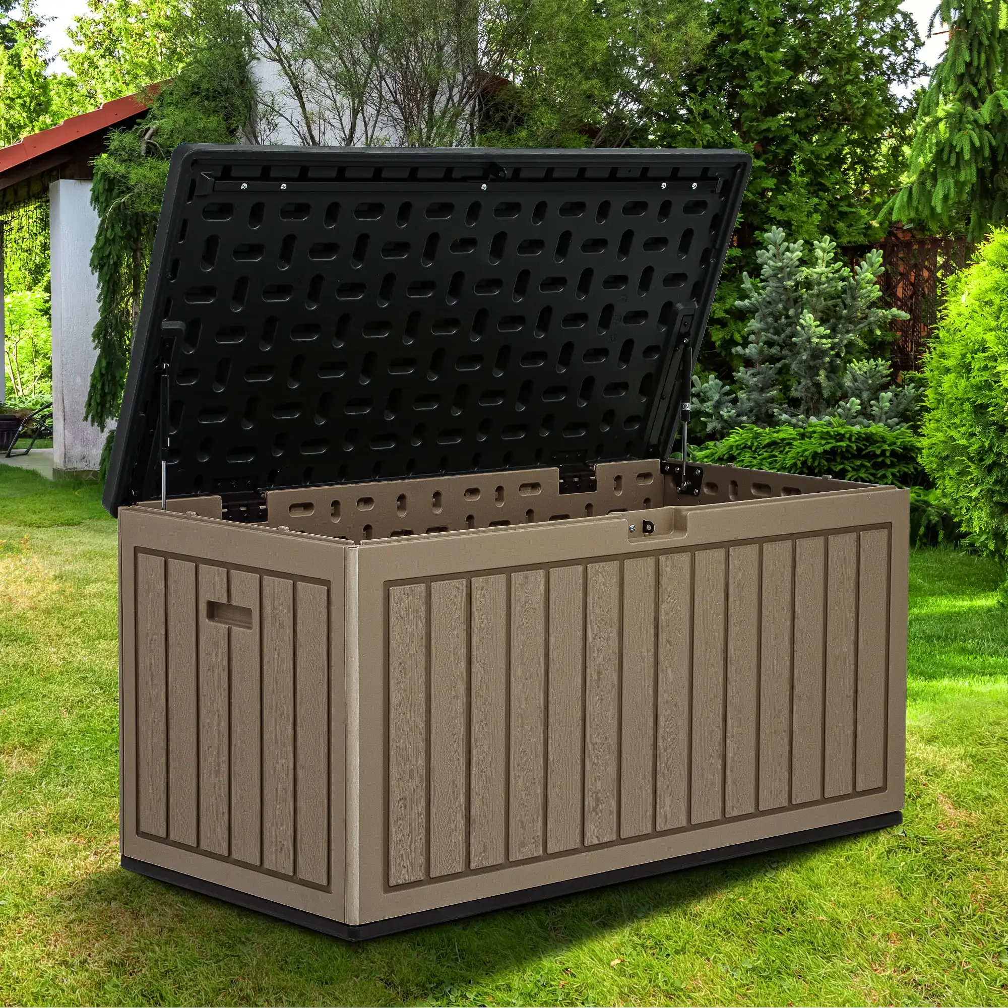 Dextrus 90 Gallon Resin Deck Box. Outdoor Storage Boxes for Patio Furniture. Garden Tools. Lockable & Waterproof.Black&Brown