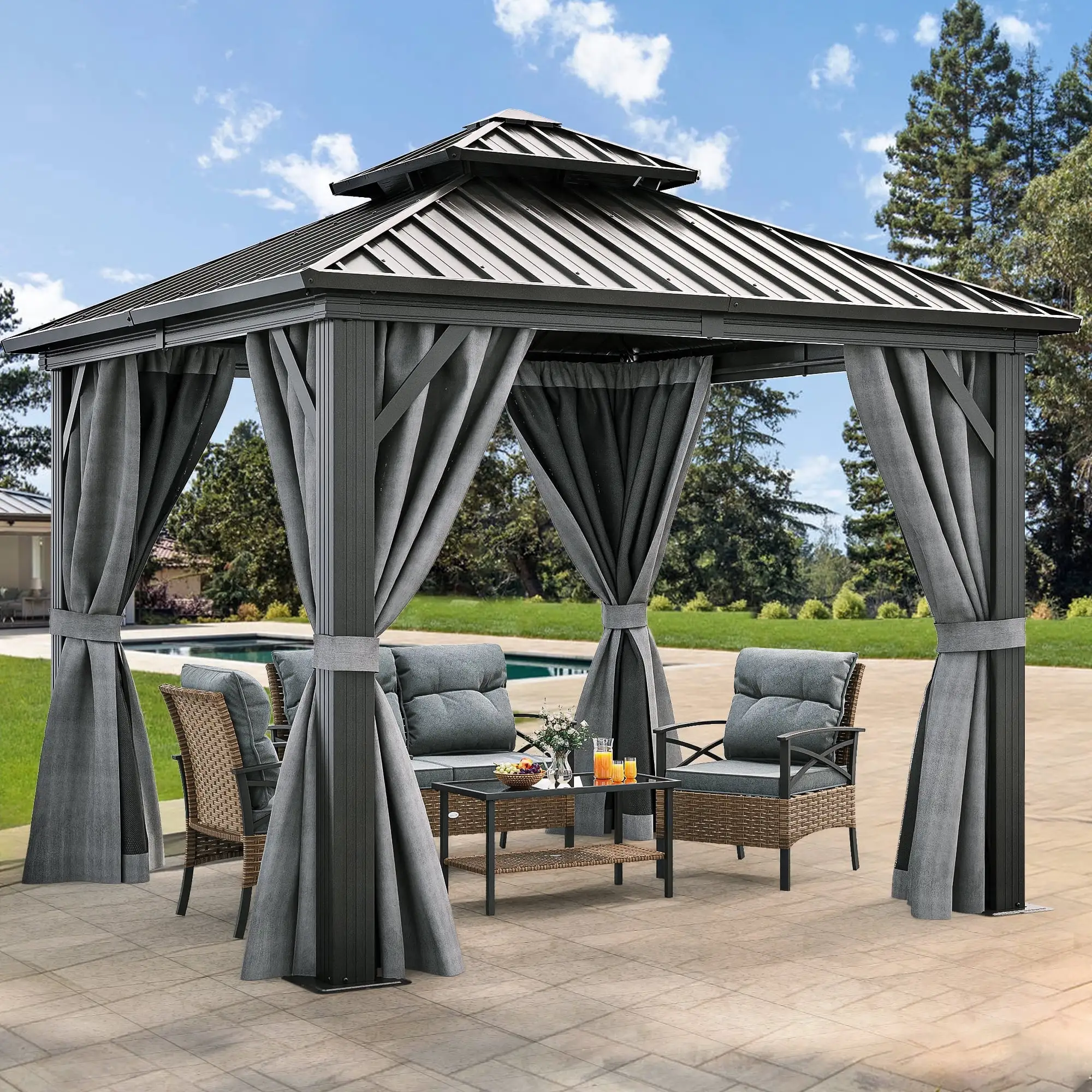 Dextrus Double Roof Hardtop Gazebo with Netting and Curtains. Outdoor Heavy Duty Galvanized Steel Combined of Vertical Stripes Roof.Ideal for Patio. Backyard. Deck. Lawns-10x10ft. Gray