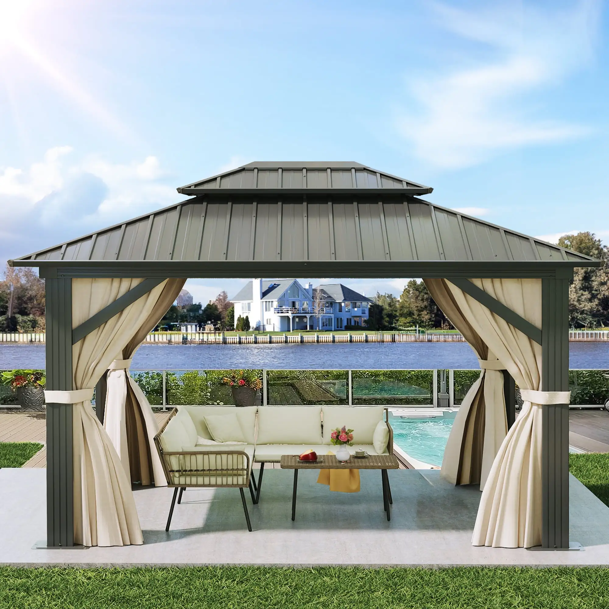 Dextrus Heavy Duty Double Roof Hardtop Gazebo. Outdoor Galvanized Steel Gazebo with Netting and Curtains. Vertical Stripes Roof for Patio. Backyard. Deck. Lawns-10x12ft. Brown