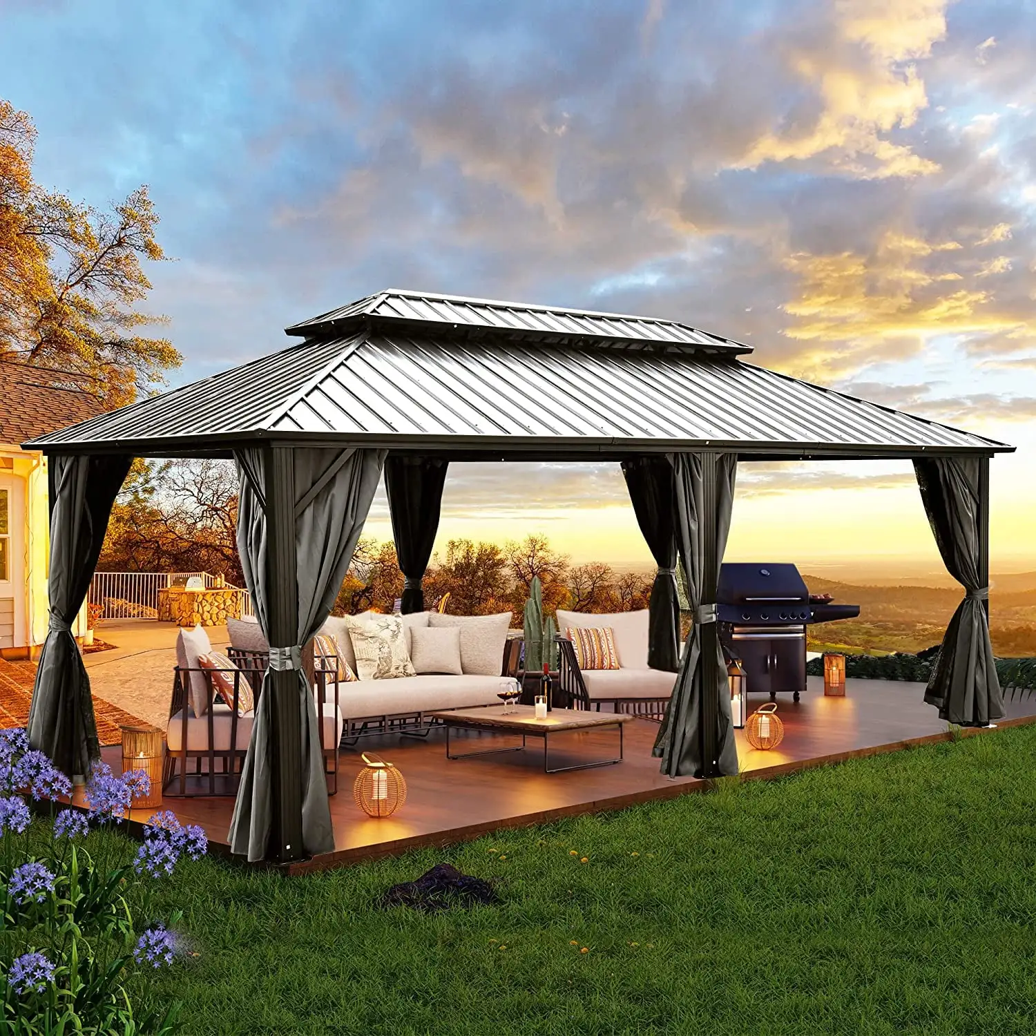 Dextrus Heavy Duty Double Roof Hardtop Gazebo. Outdoor Galvanized Steel Hardtop with Netting and Curtains. Combined of Vertical Stripes Roof for Patio. Backyard. Deck. Lawns-12x18ft. Gray