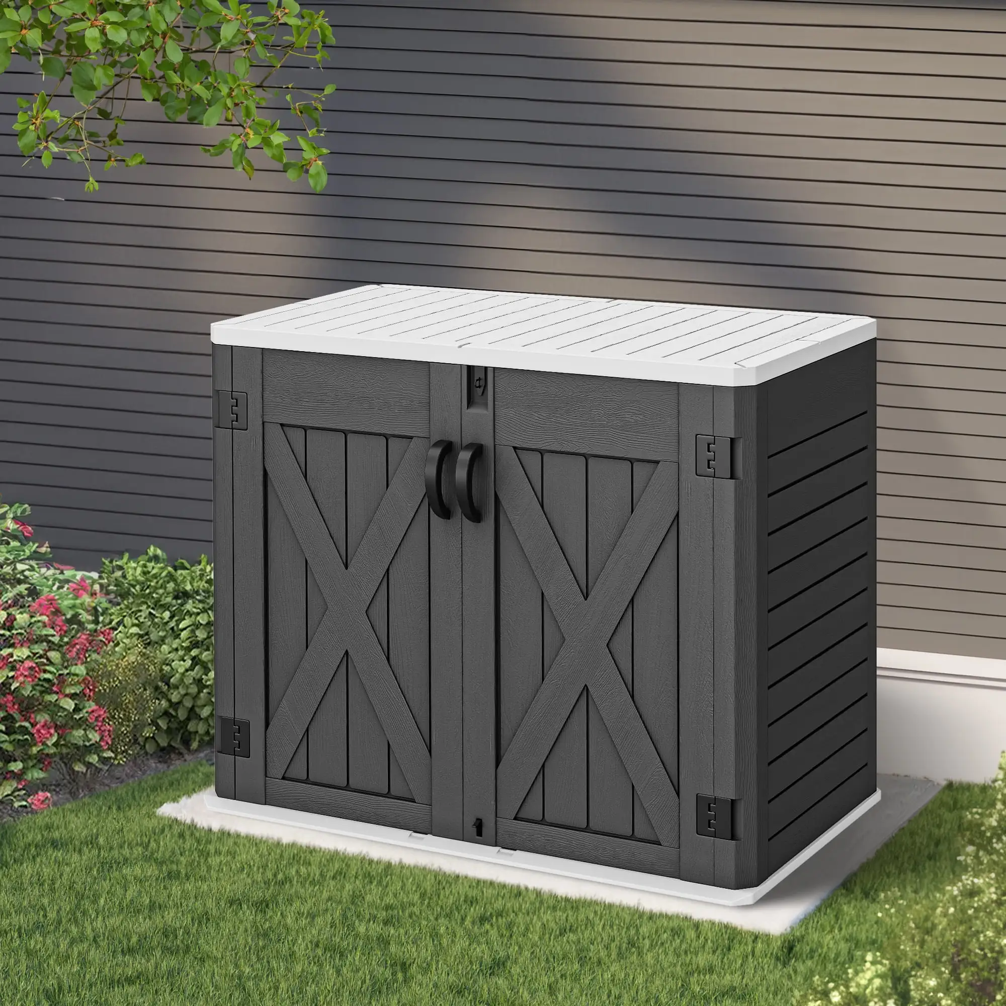 Dextrus Outdoor Horizontal Storage Shed with X-Shaped Lockable Door. 35 Cu Ft Weather Resistant Resin Tool Shed