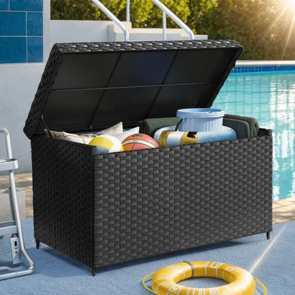 Dextrus Outdoor Patio Deck Box Storage Waterproof Heavy Duty Large Organizer.170 Gallon Wicker Rattan Storage Bin. Pool - Black