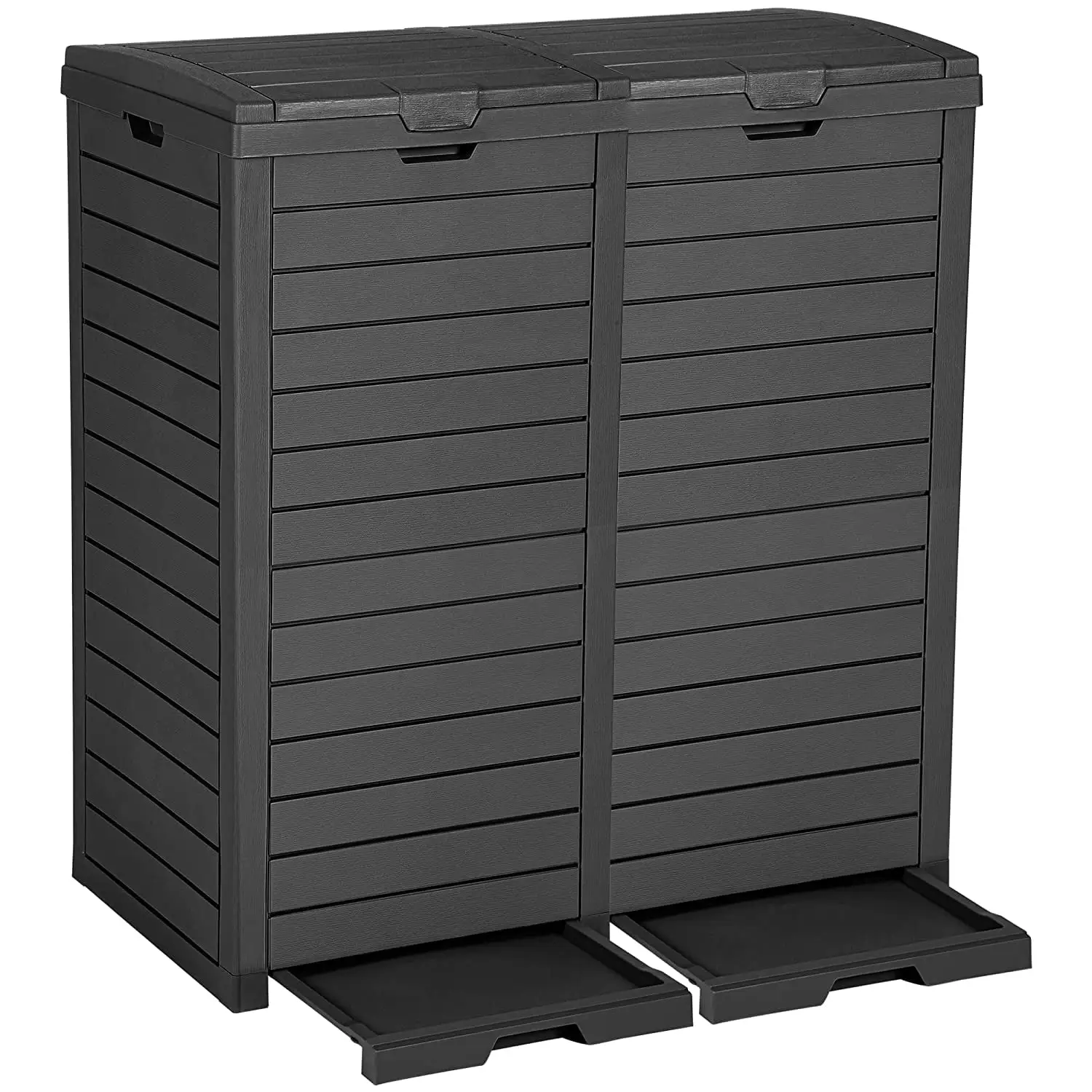 Dextrus Outdoor Resin Trash Bins Dual Compartment. 62 Gallon Large 2 Classified Hideaway Garbage Cans with Lid and Drip Tray for Easy Cleaning on Porch. Backyard. Deck. Patio. Poolside. Black