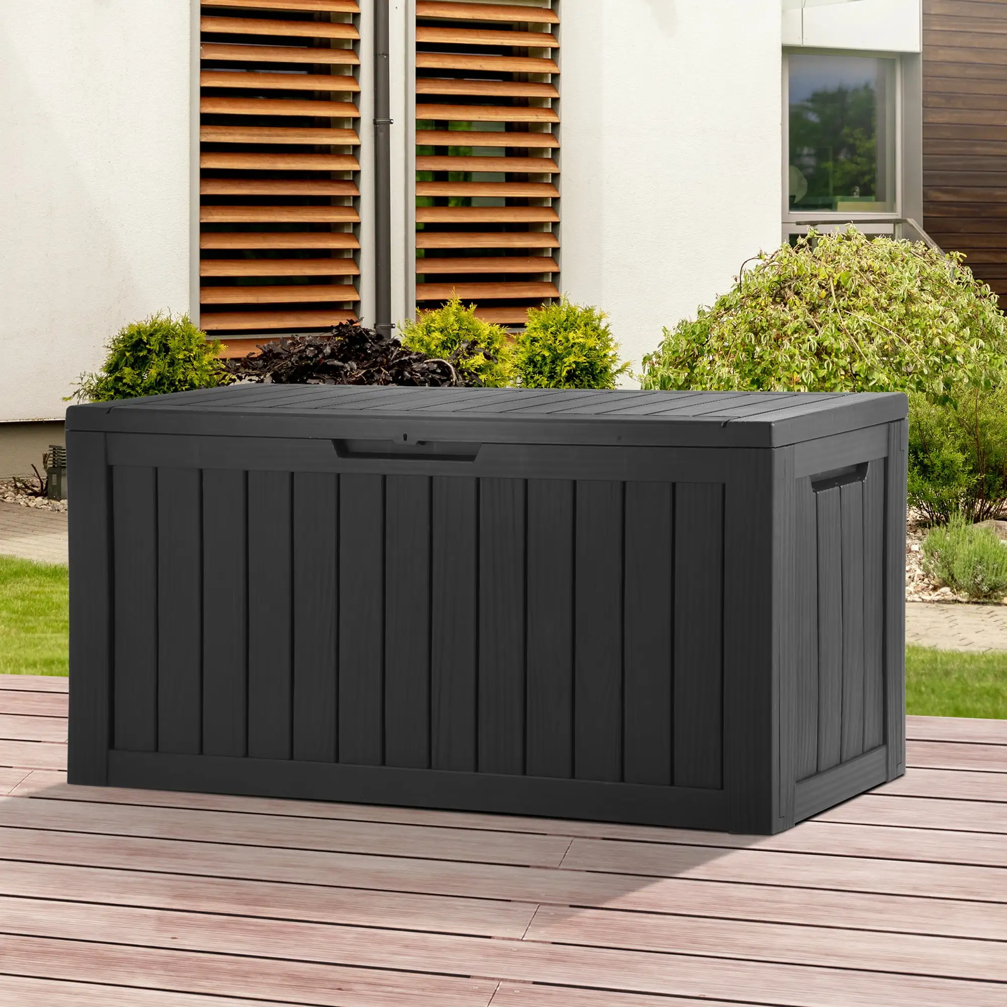 Dextrus Outdoor Storage Deck Box 80 Gallon - Large Resin Patio Storage for Outdoor Pillows. Garden Tools and Pool Supplies - Waterproof and Lockable (Black)