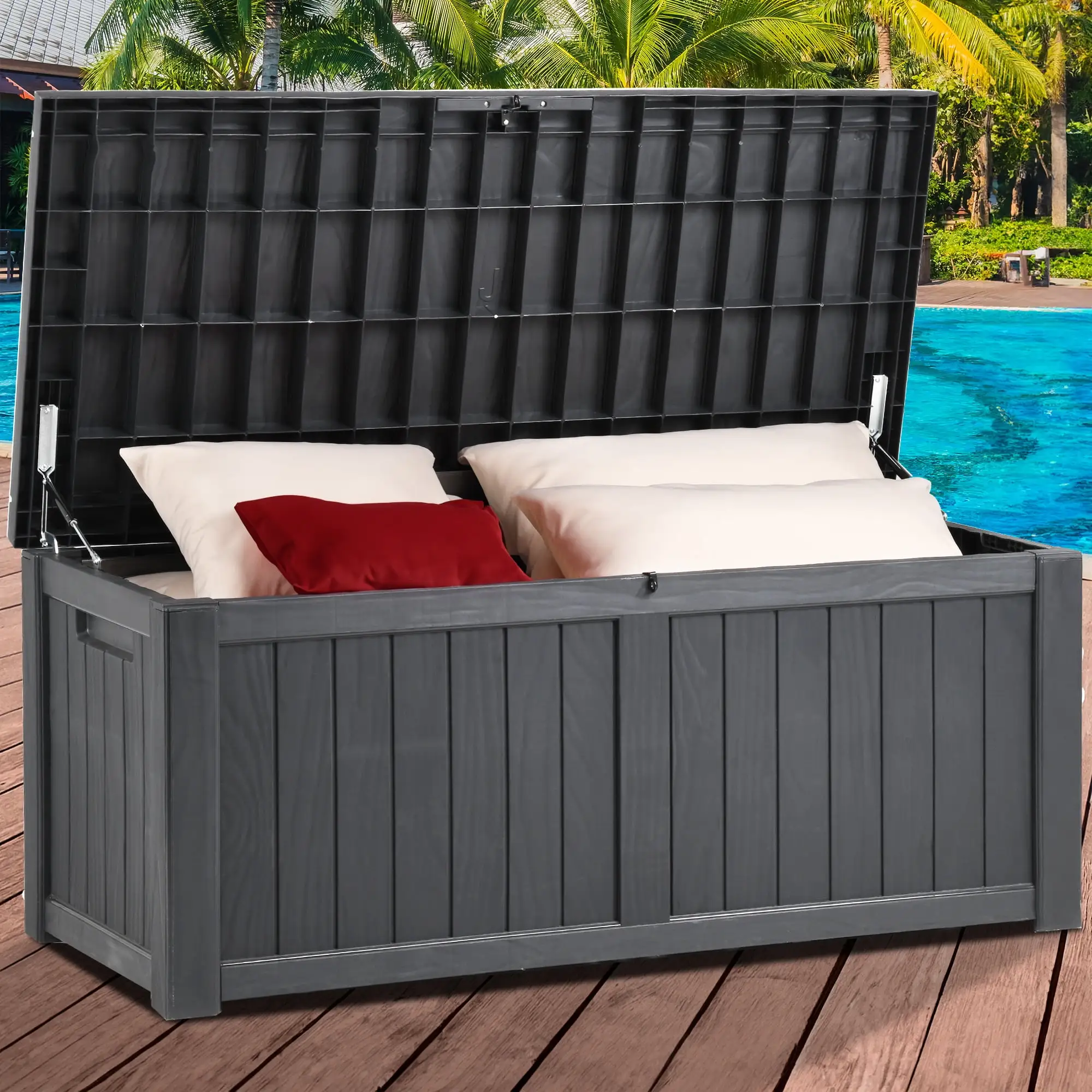 Dextrus Outdoor Storage Deck Box. Large Resin Patio Box for Outdoor Pillows. Garden Tools and Pool Supplies. Waterproof and Lockable-120 Gallon.Dark Gray