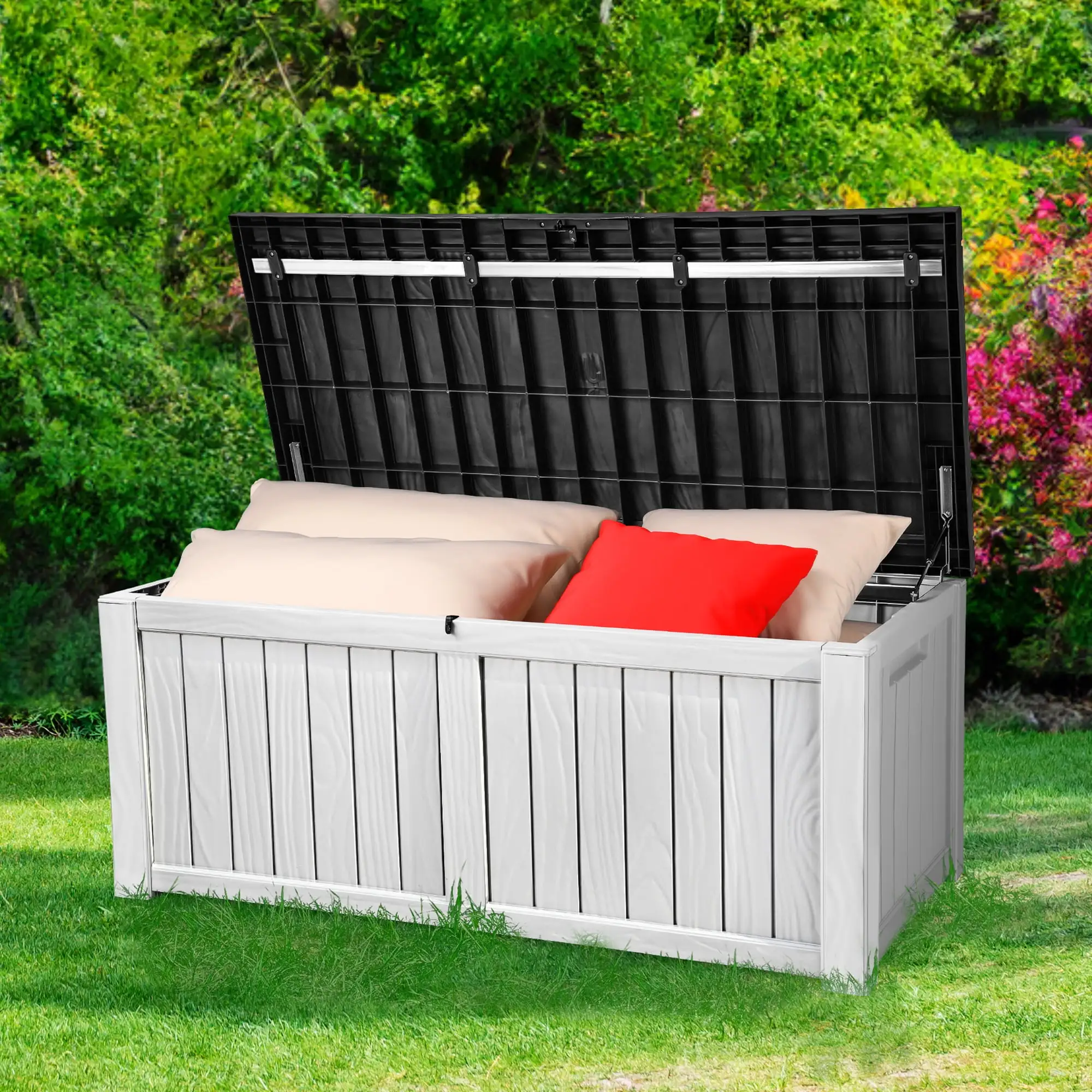 Dextrus Outdoor Storage Deck Box for Outdoor Pillows and Pool Supplies - Large Resin Patio Storage 120 Gallon Capacity. Lockable Lid. Waterproof (Black&White)