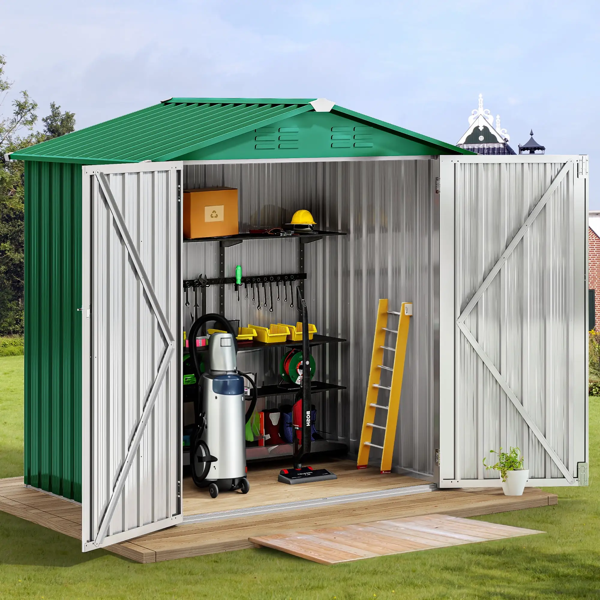 Dextrus Outdoor Storage Shed 6x4FT. Heavy Duty Metal Tool Sheds Storage House with Lockable Door & Air Vent for Garden. Patio. Lawn to Store Bikes. Trash Bins. Tools. Green