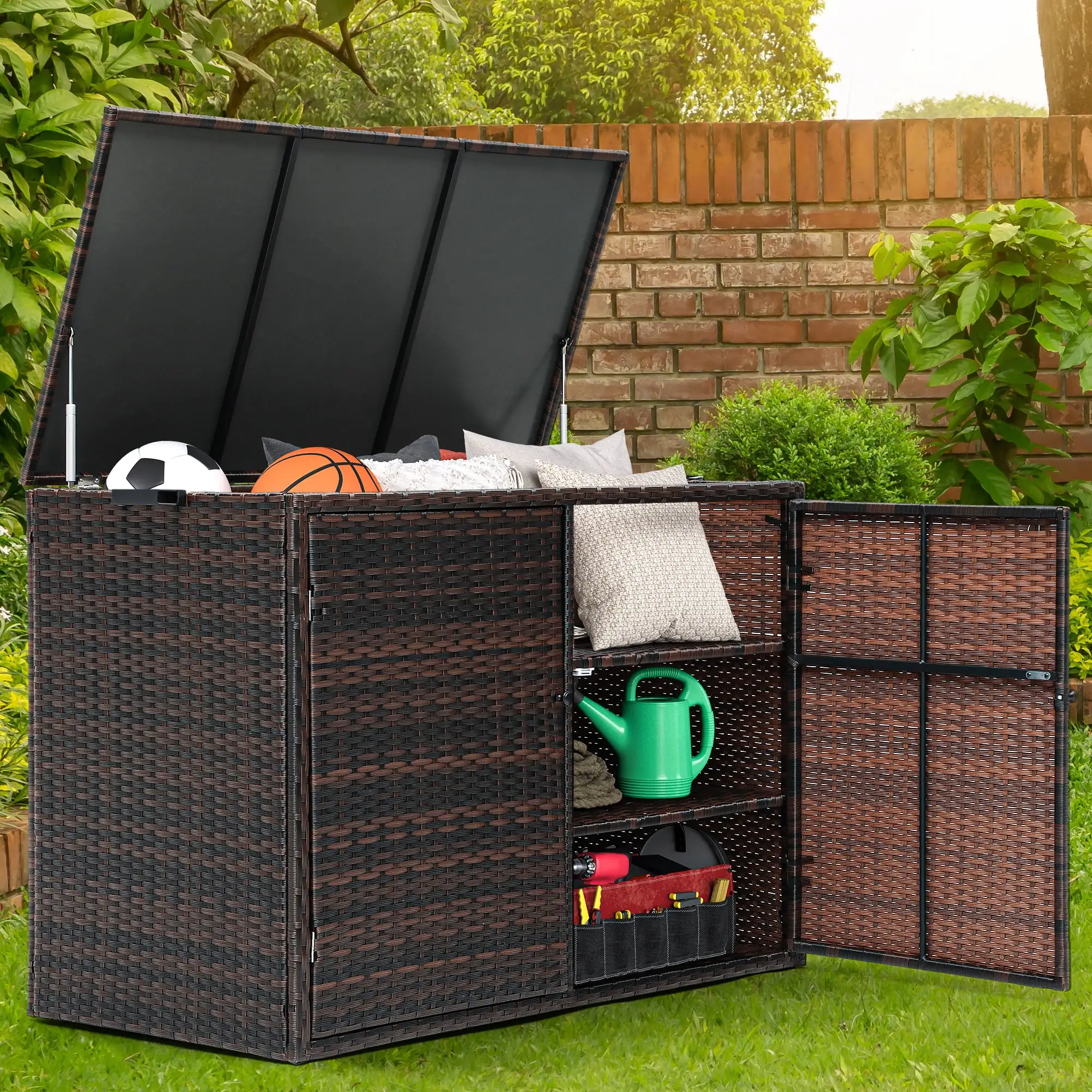 Dextrus Outdoor Wicker Storage Box. 150 Gallon Rattan Deck Box with Customizable 3-Tier Storage. Lid. Double Doors. and Separate Shelves for Patio. Pool. Supplies. Equipment. and Tools - Brown