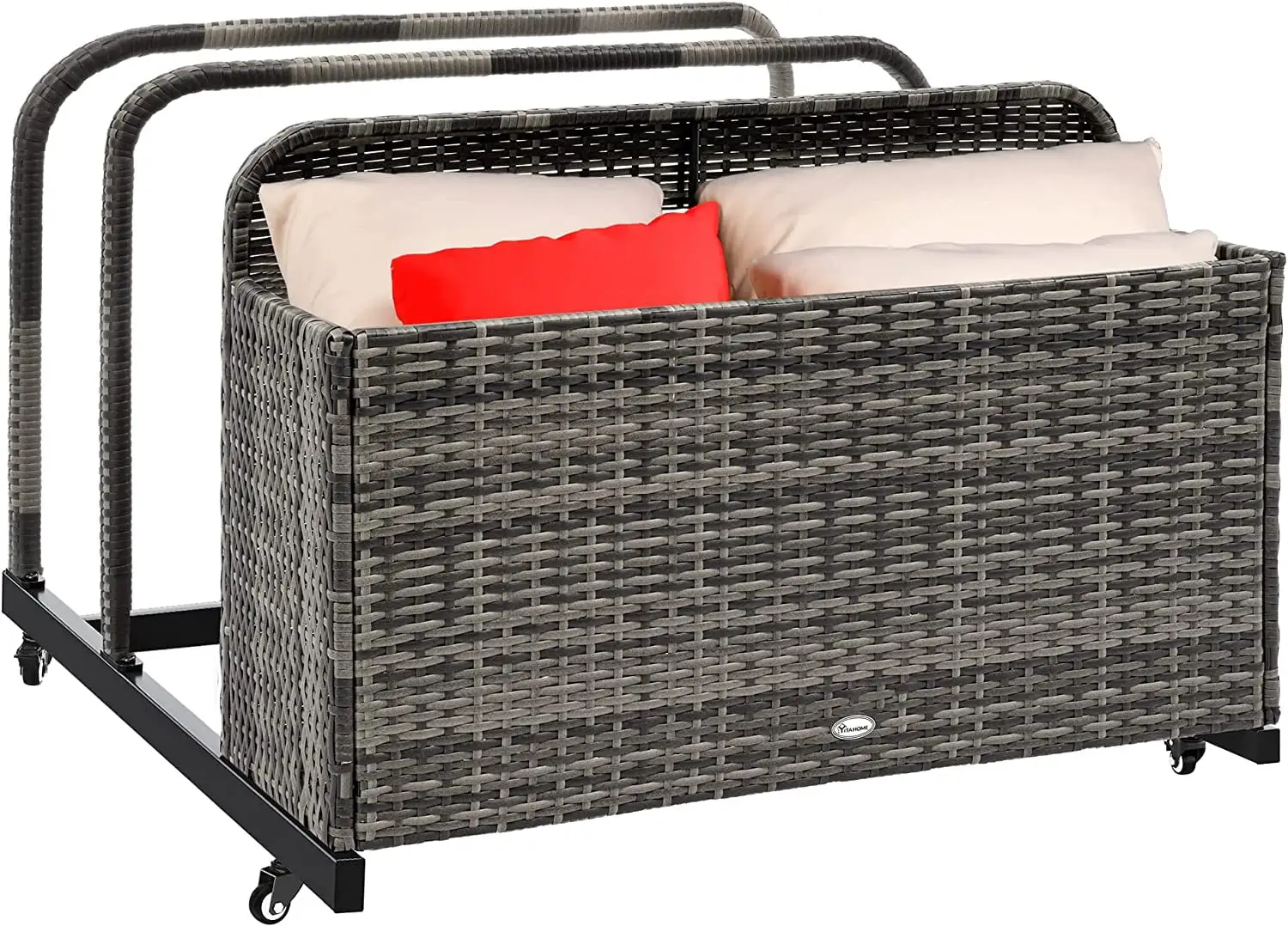 Dextrus Outdoor Wicker Storage Box. One PE Rattan Deck Box and Two Long Holder Compartments. Patio Poolside Caddy with Rolling Wheels for Floaties. Noodles. Life Vests. Beach Balls. Toys (Gray)