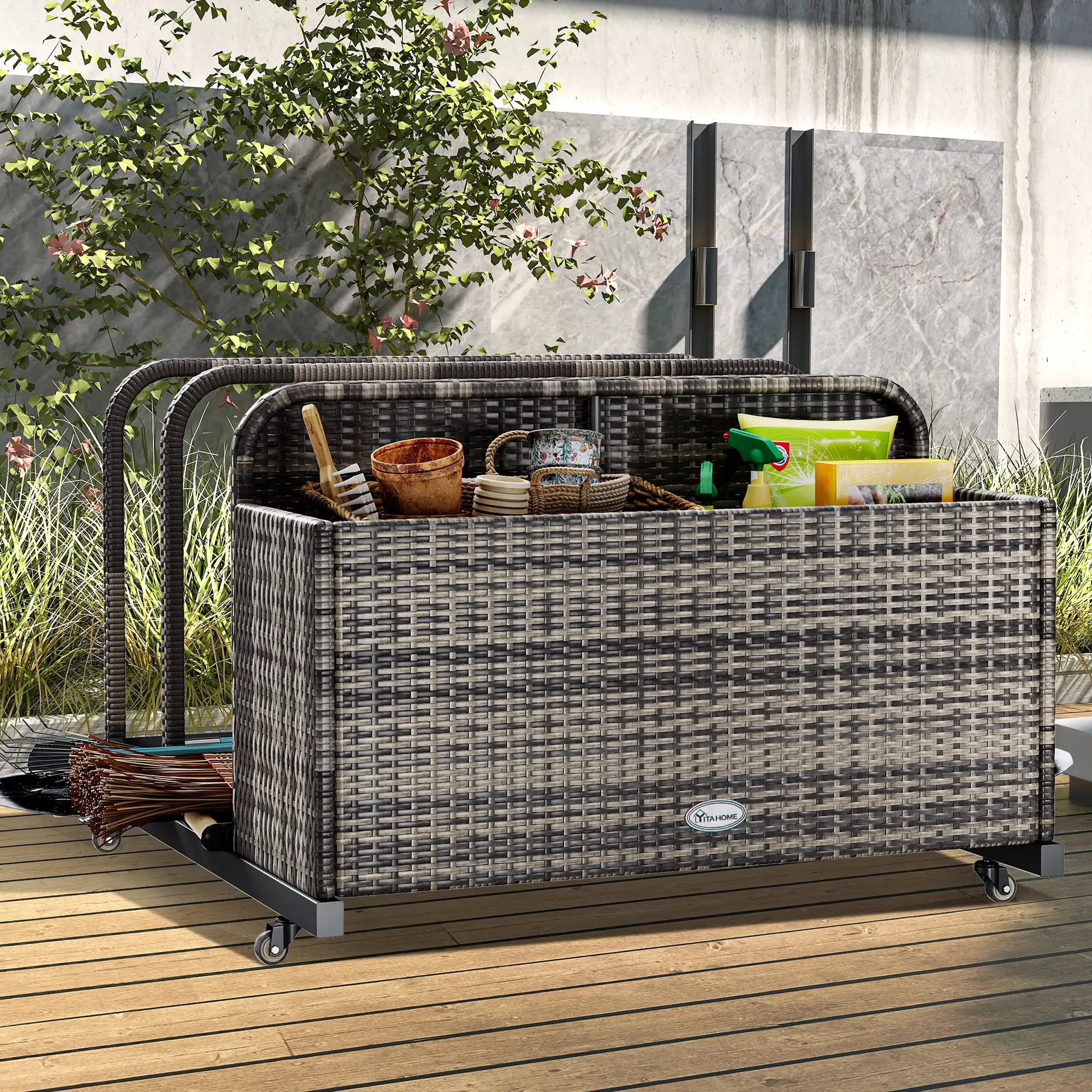 Dextrus Outdoor Wicker Storage Box. One PE Rattan Deck Box and Two Long Holder Compartments. Patio Poolside Caddy with Rolling Wheels