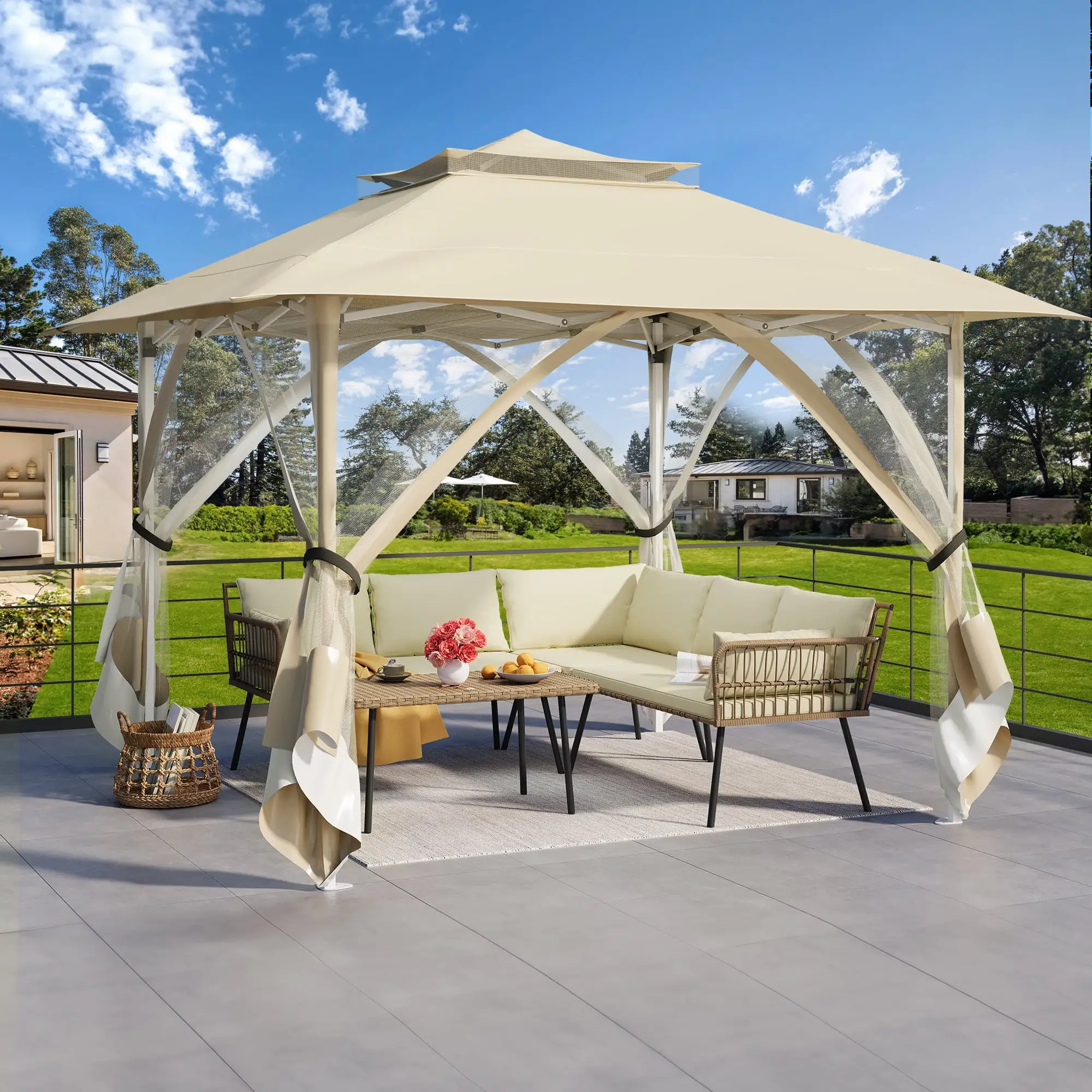 Dextrus Patio Gazebo 11x11ft Double Roof Pop Up Gazebo. Outdoor Portable Canopy Instant Tent with Netting for Lawn. Garden. Backyard and Deck. Beige