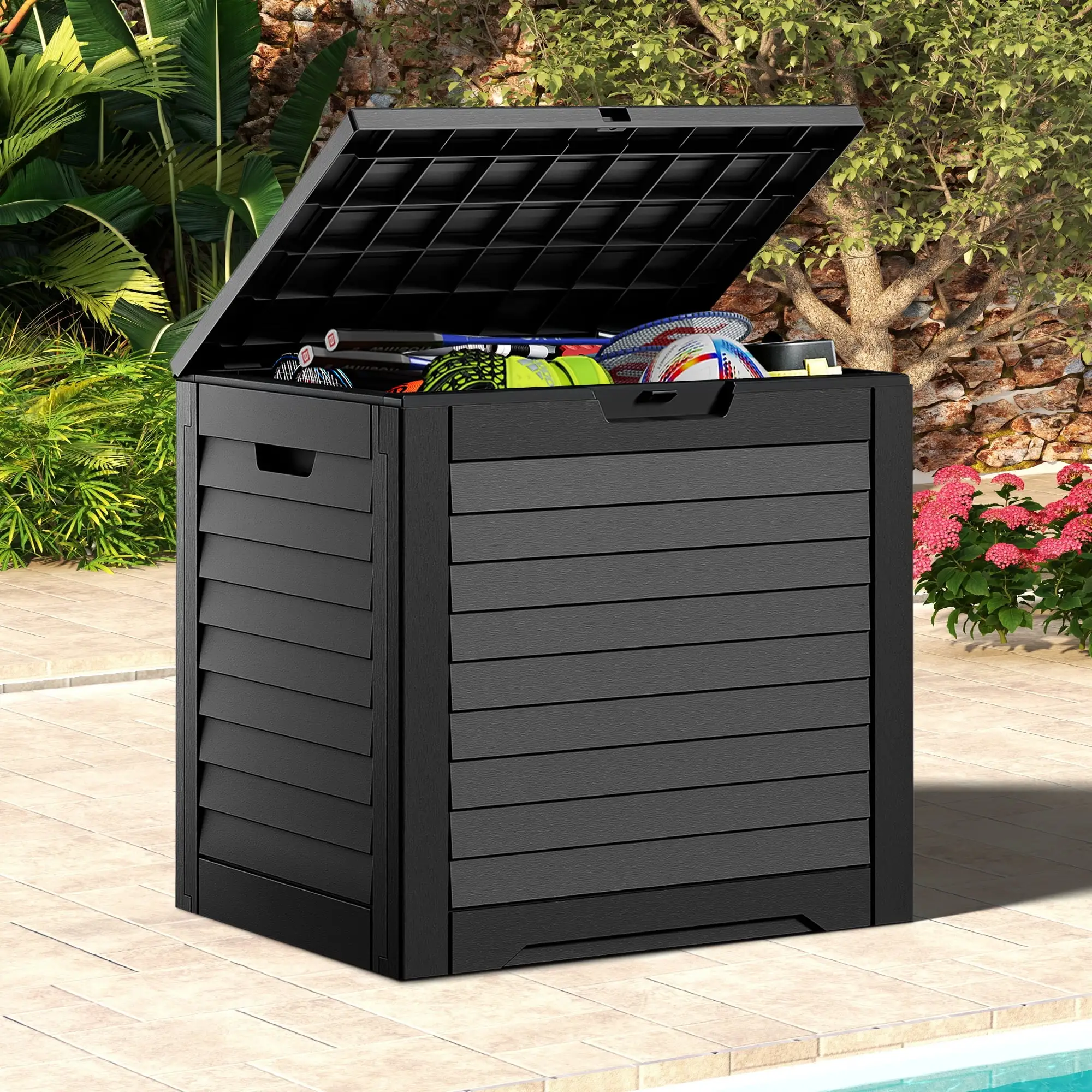 Dextrus Stylish Louvered Outdoor Storage Deck Box - 31 Gallon Capacity for Gardening Equipment and Pool Accessories. Lockable Lid. Waterproof and UV Resistant. Black