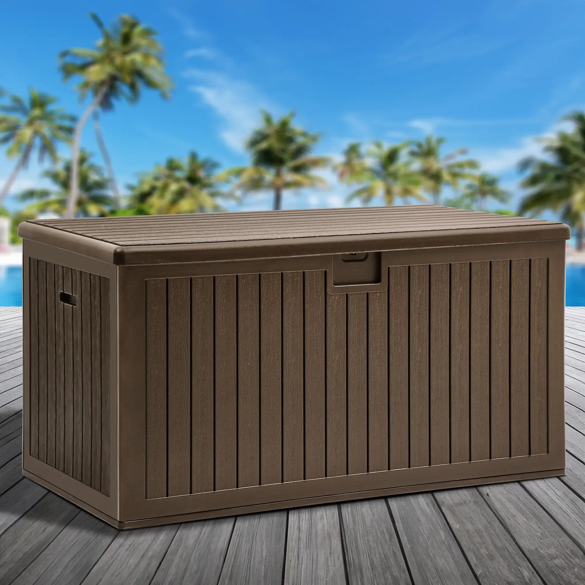 Dextrus XXL 230 Gallon Large Deck Box.Outdoor Storage for Patio Furniture Cushions.Garden Tools and Pool Toys with Flexible Divider.Waterproof.Lockable (Brown)