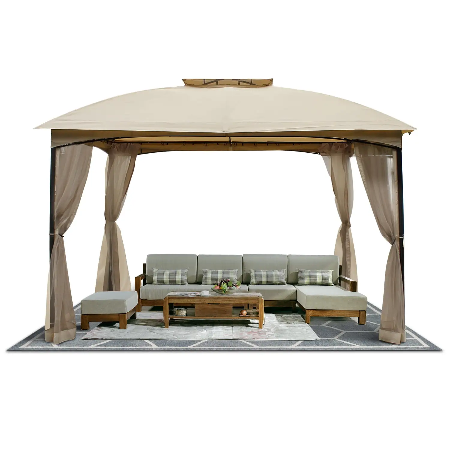 DikaSun 10' x 12' Outdoor Patio Gazebo Double Vented Roof Metal Frame with Nettings for Garden Lawn Backyard Deck. Sand