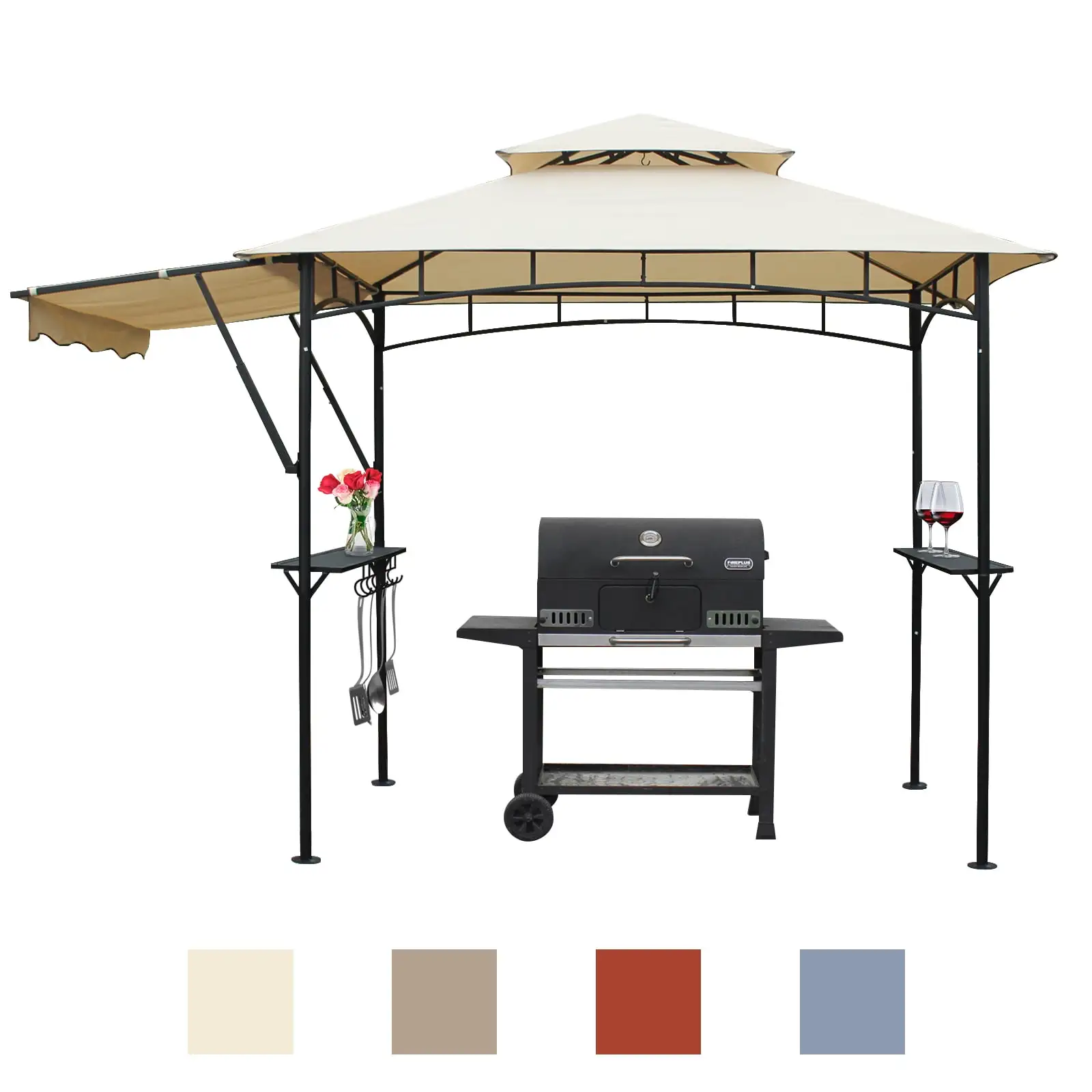 Dikasun Grill Gazebo 8' x 5' Double Tier Outdoor BBQ Grill Tent Barbecue Patio Canopy with Extra Shadow 15 Hooks. Sand