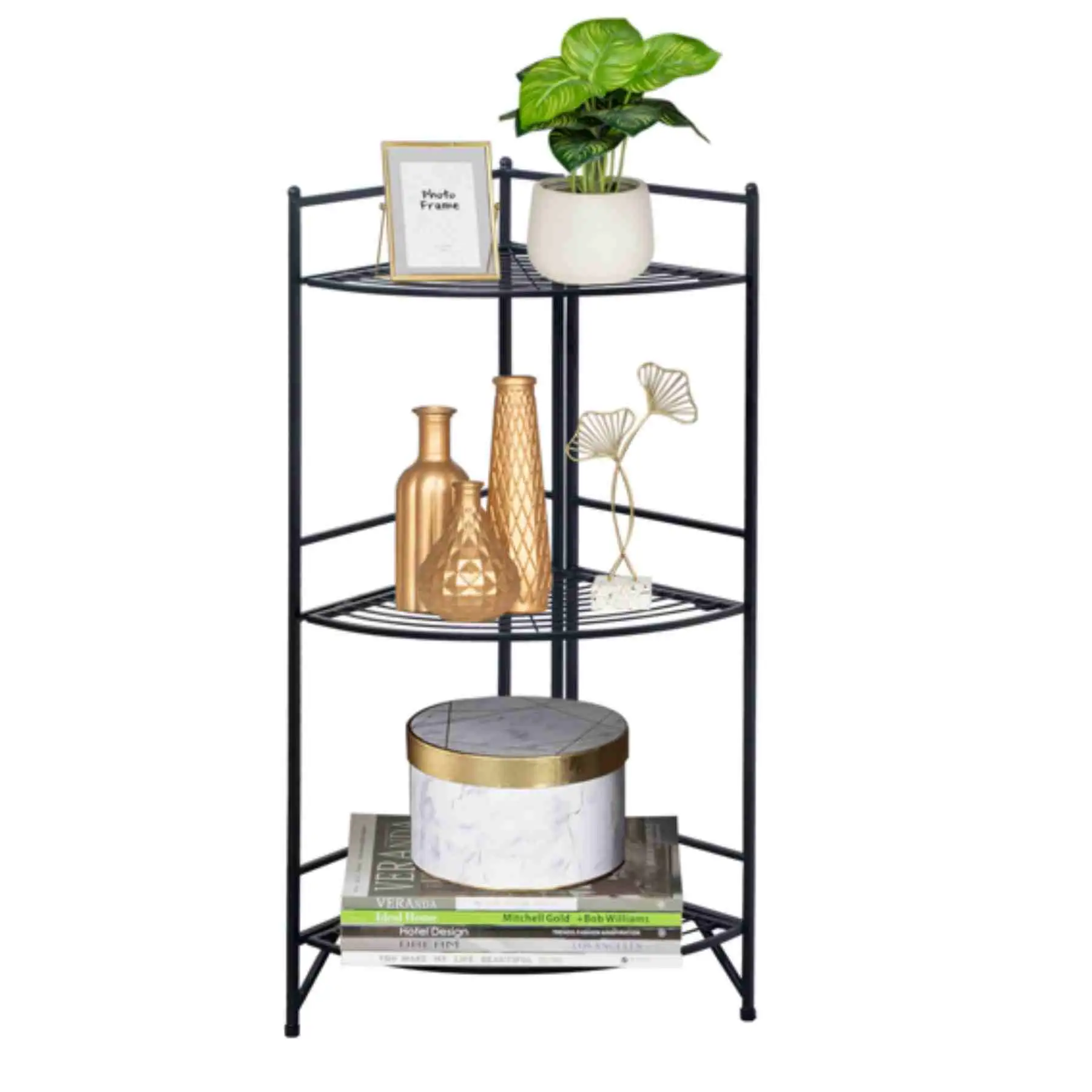 Dinling 3 Tier Corner Folding Metal Corner Shelf Black