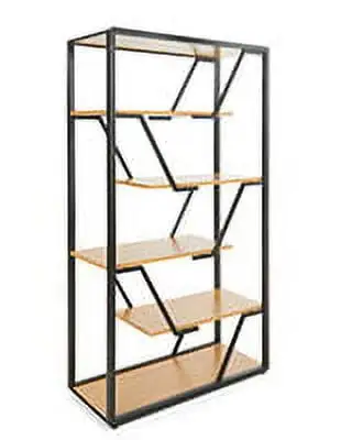 Displays2go Offset Geometric Shelving Unit with Steel Frame. 6 Tiers. Open Back - Natural (SMGEOSHNT)