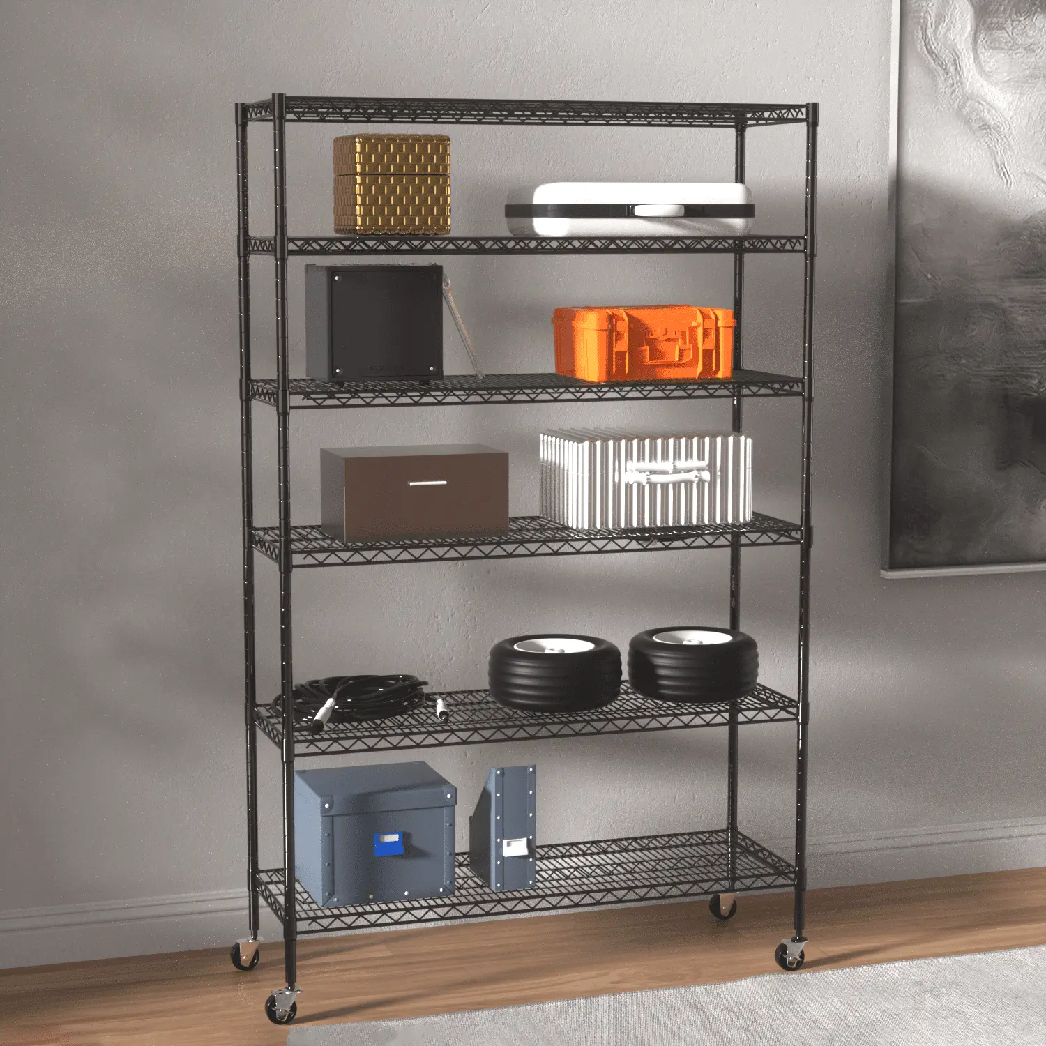 Dkelincs Heavy Duty Metal Shelf 6000 lbs Capacity 6 Tier Wire Shelving Unit Adjustable Storage Rack with Wheels. Black