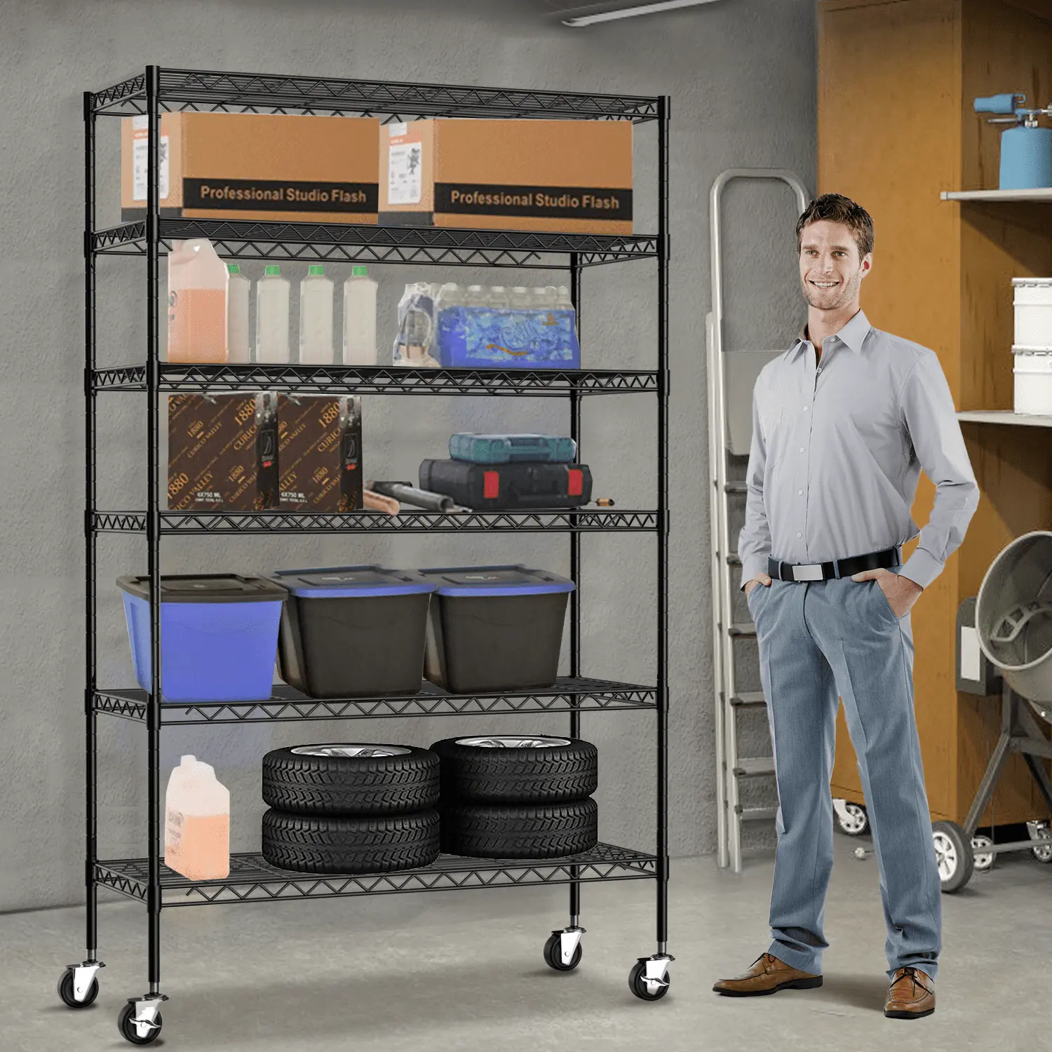 Dkelincs Storage Shelves 6 Tier Wire Shelving Unit with Wheels Heavy Duty NSF Garage Shelves Adjustable Metal Shelves 2100 lbs Capacity. Black