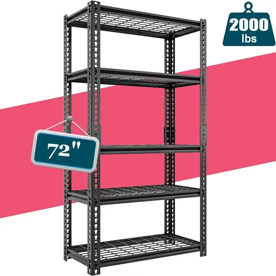 Docred 5 Tier Metal Storage Shelves.72H Adjustable Heavy Duty Wire Shelving Unit for Garage Basement Kitchen Pantry Closet .2000 lbs Capacity. Black.L