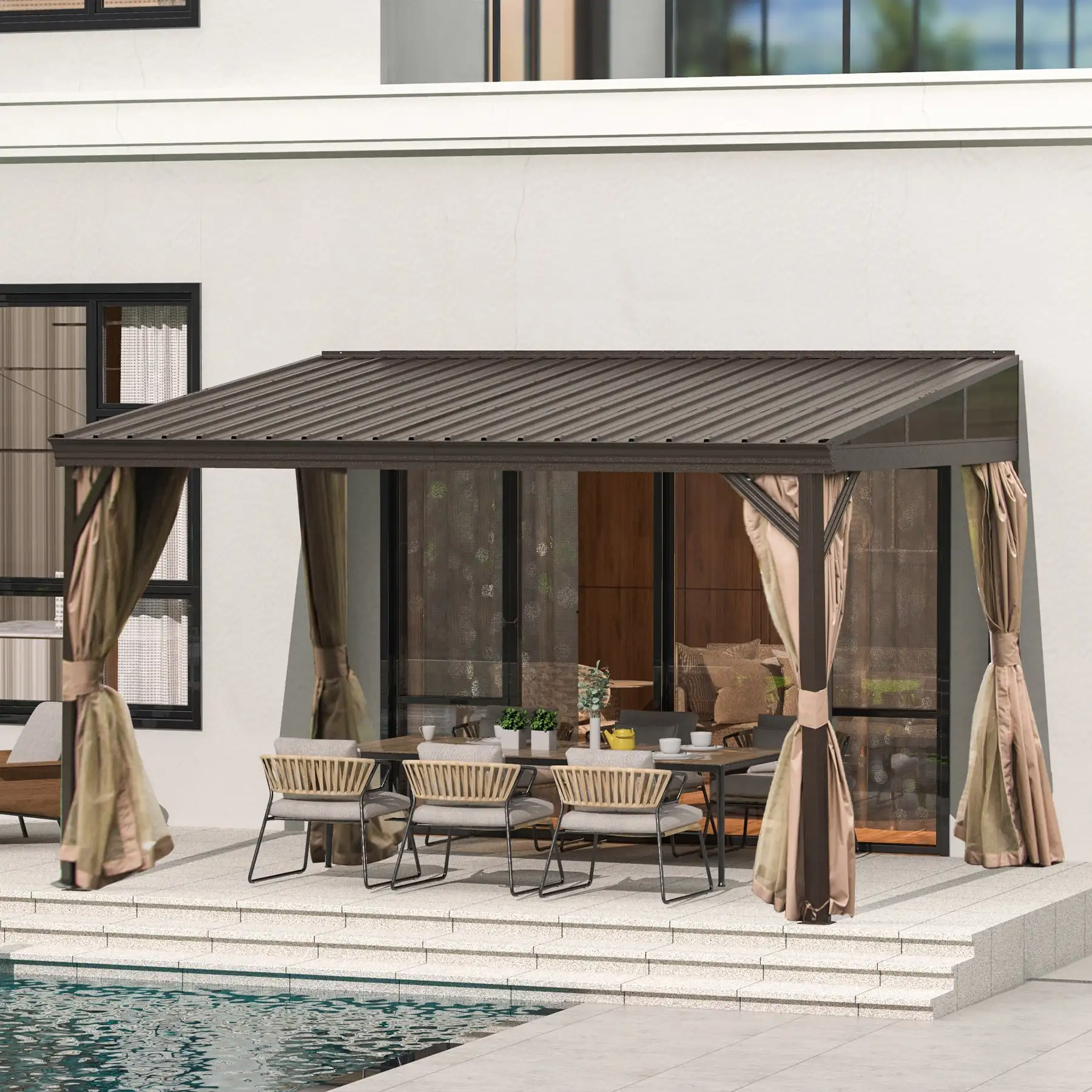 Domi 10x12FT Lean to Gazebo. Hardtop Wall Mounted Gazebo with Sloping Galvanized Steel Roof. Wall Pergola with Aluminum Frame. Curtains and Netting. for Patio. Deck. Garden. Backyard