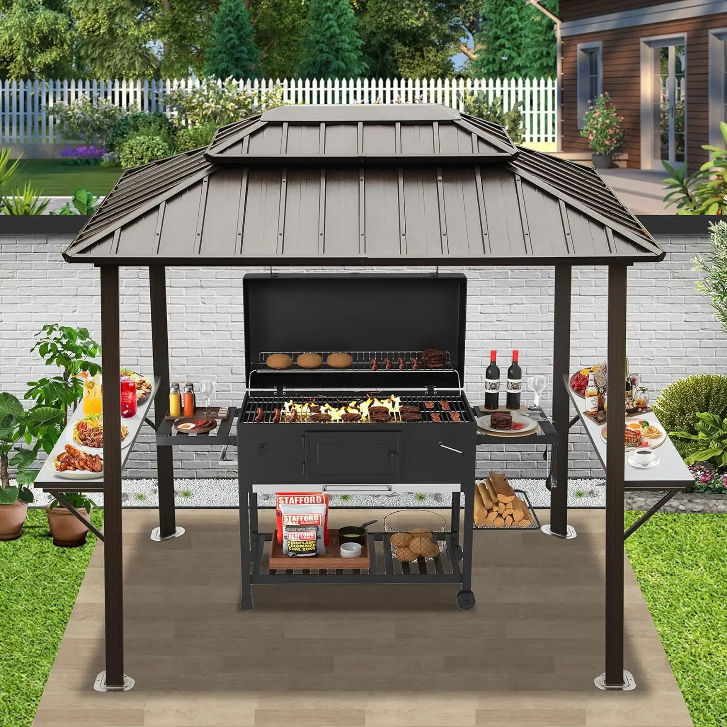 Domi Grill Gazebo 8' 6' Aluminum BBQ Gazebo Outdoor Metal Frame with Shelves Serving Tables. Permanent Double Roof Hard top Gazebos for Patio Lawn Deck Backyard and Garden (Brown)