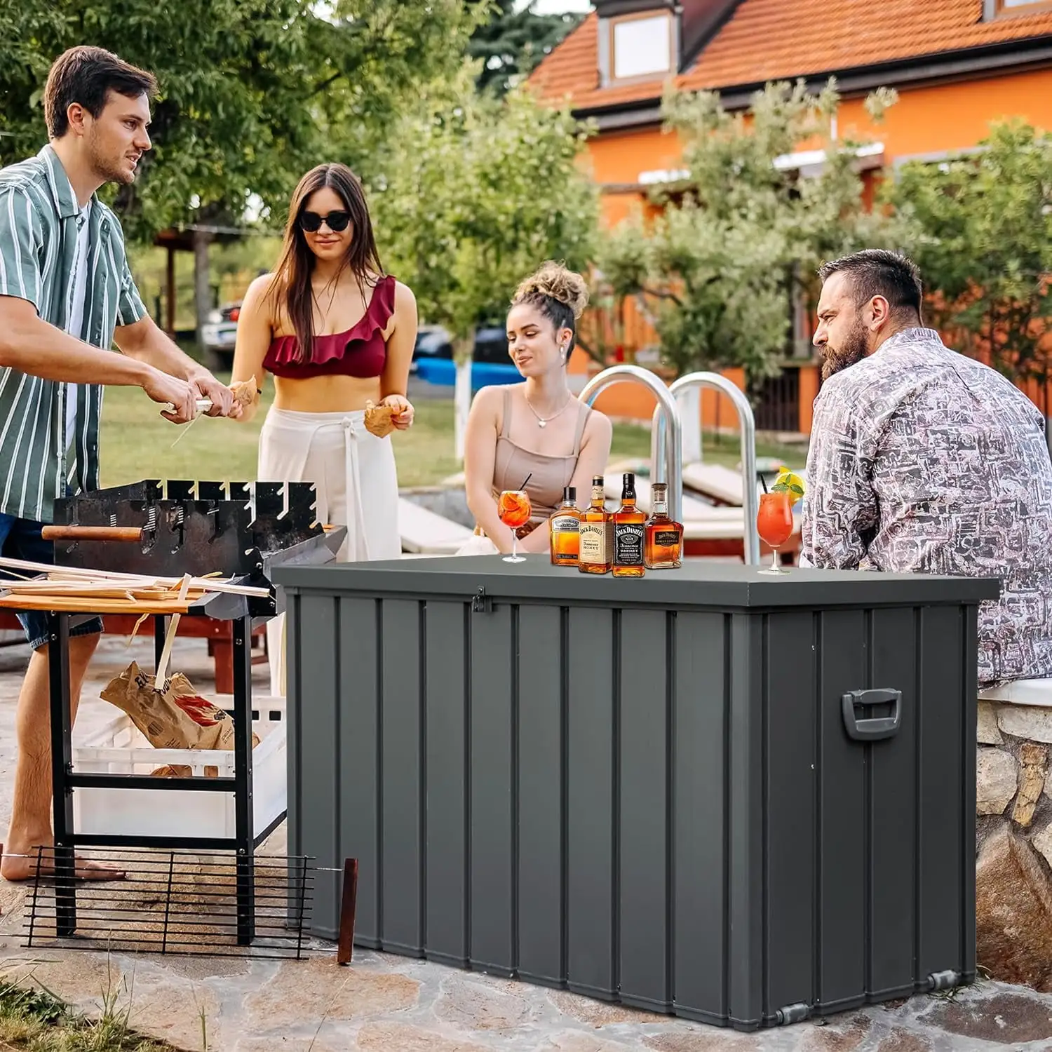 Domi Outdoor Deck Box 200 Gallon. Waterproof Lockable Steel Outdoor Storage Container for Outside Cushions. Garden Tools. Toys and Pools Equipment