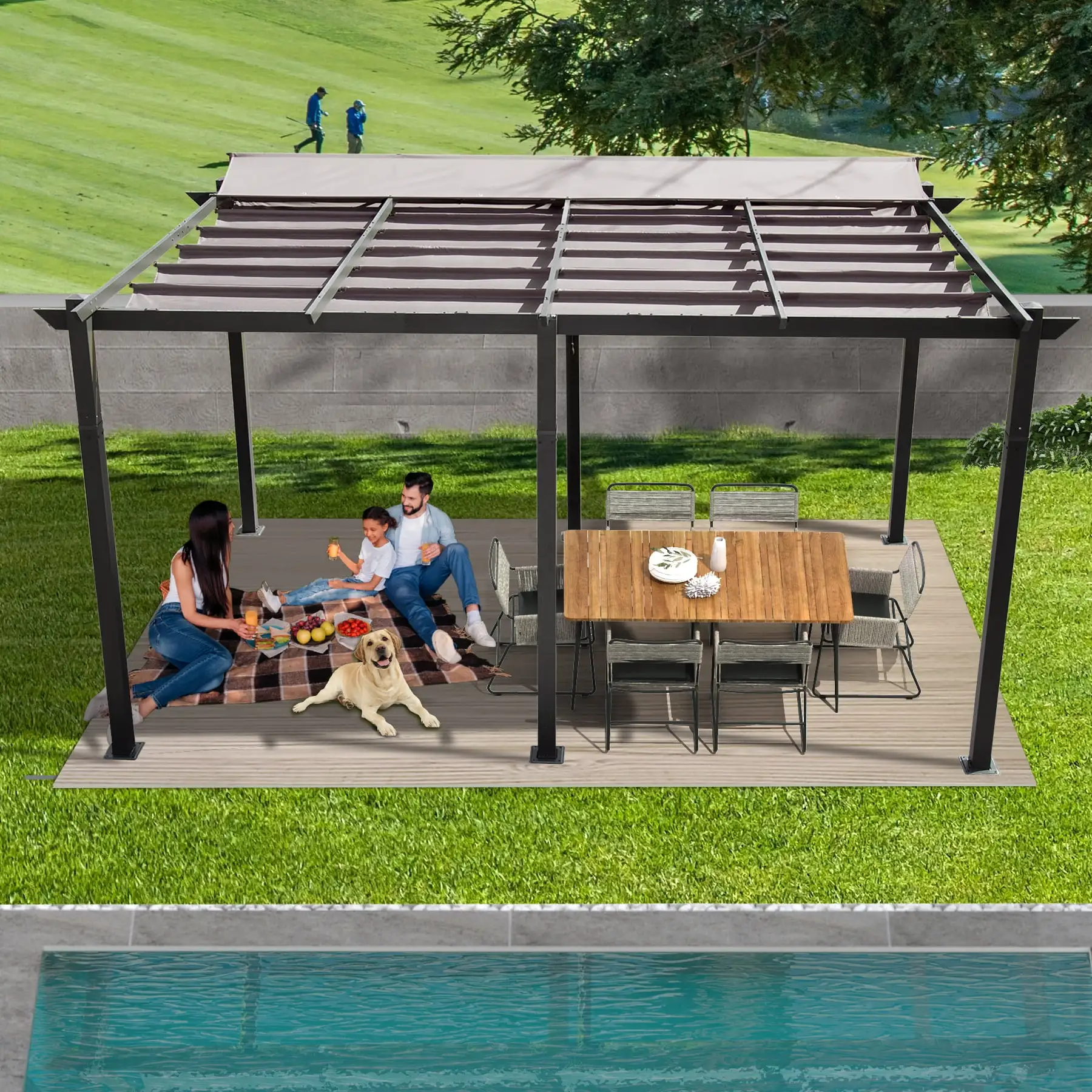 Domi Outdoor Living 11' X 16' Outdoor Retractable Pergola with Weather-Resistant Canopy Aluminum Garden Pergola Patio Grill Gazebo for Courtyard Grey