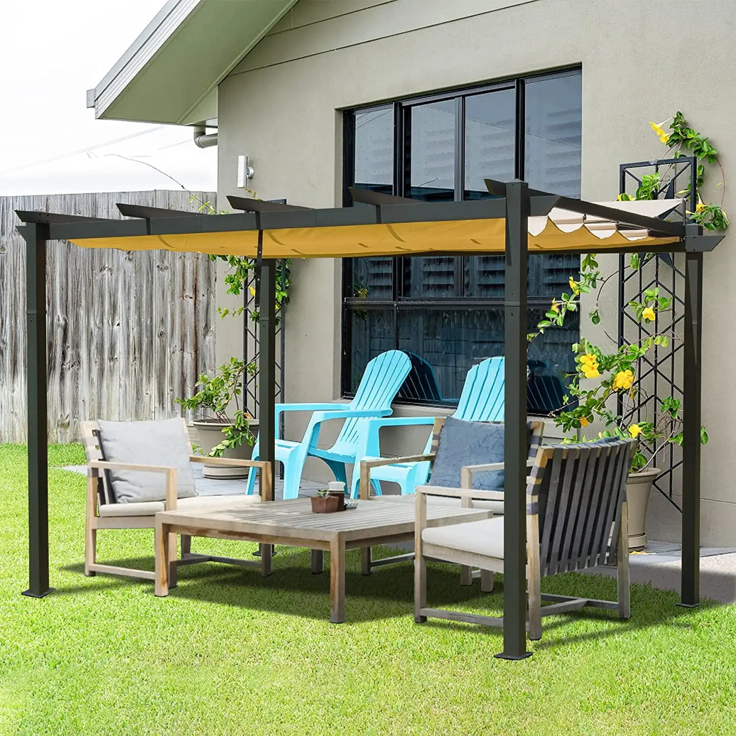 Domi Outdoor Living 9' x 13' Outdoor Retractable Pergola Against The Wall with Weather-Resistant Canopy Aluminum Garden Pergola Patio Grill Gazebo for Courtyard