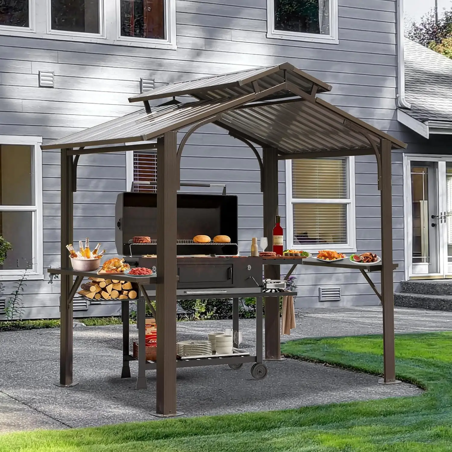 Domi Outdoor Living Aluminum BBQ Gazebo Outdoor Metal Frame with Shelves Serving Tables. Permanent Double Roof Hardtop Gazebos for Patio Lawn Deck Backyard. and Garden (Dark Brown)