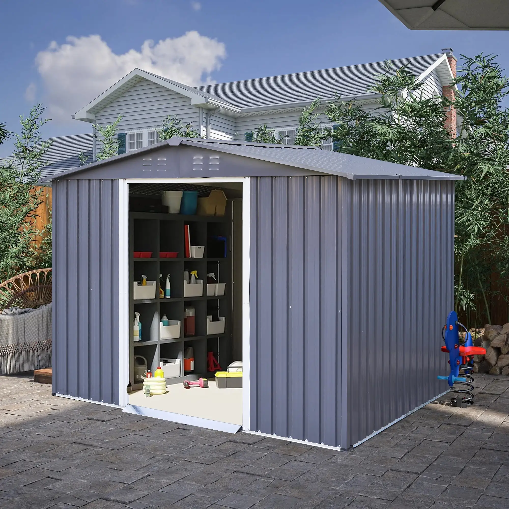 Donext Outdoor Storage Shed 8 x 6 FT Large Metal Tool Sheds. Heavy Duty Storage House with Sliding Doors with Air Vent for Backyard Patio Lawn to Store Bikes. Tools. Lawnmowers Dark Grey