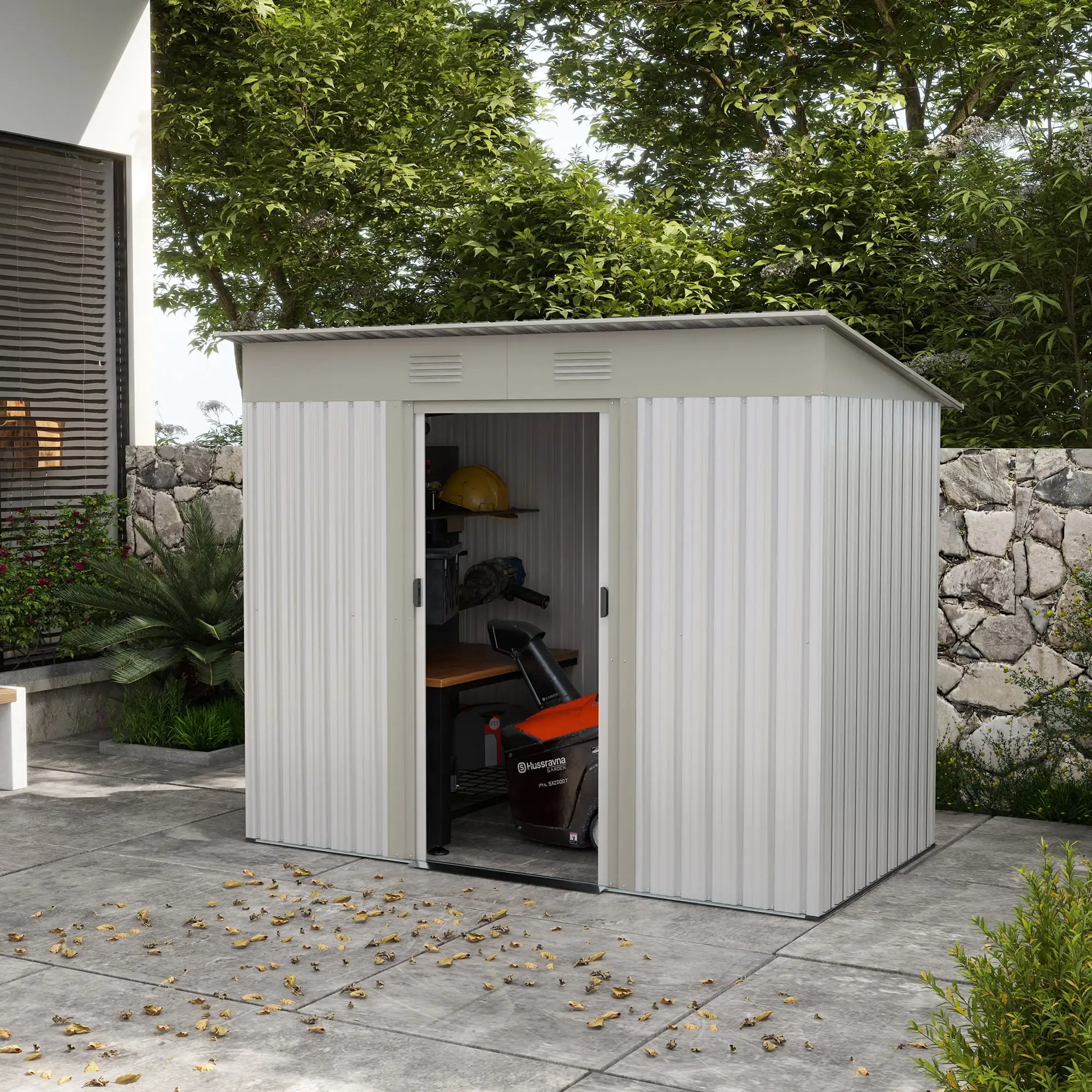 Donext Outsunny 7' x 4' Metal Lean to Garden Shed. Outdoor Storage Shed. Garden Tool House with Double Sliding Doors. 2 Air Vents for Backyard. Patio. Lawn. Silver