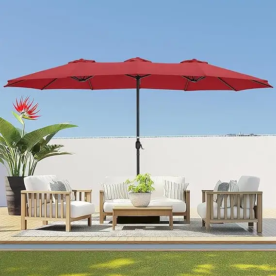 Double Sided Patio Umbrellas - 15ft Solar Lights LED Lighted Outdoor Extra Large Market Table Umbrella with Base Included. Oversized Umbrella for Deck. Pool. Backyard