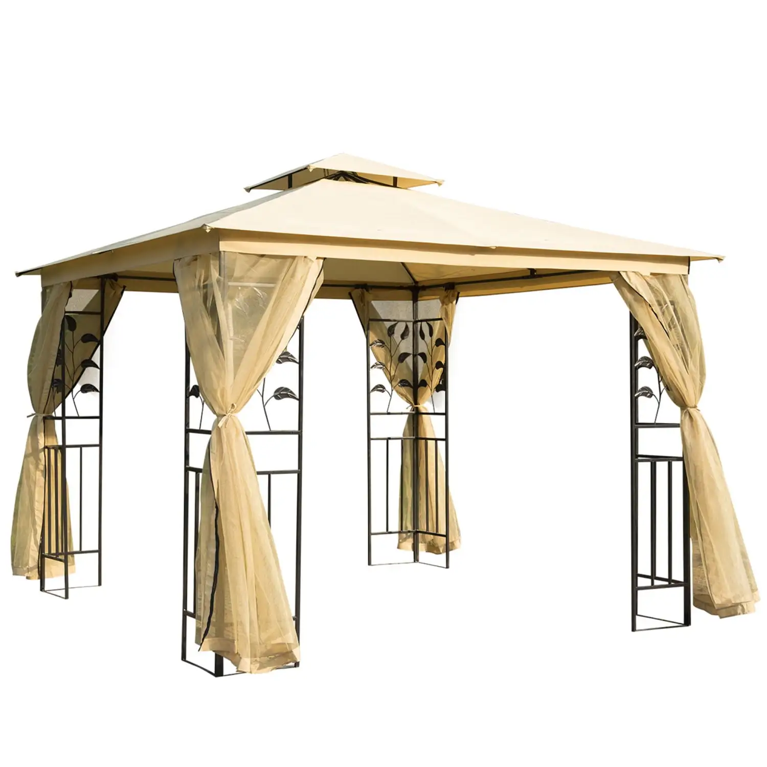 DremFaryoyo 10' x 10' Metal Patio Gazebo Double Roof Outdoor Gazebo Canopy Shelter with Tree Motifs Corner Frame and Netting for Garden Lawn Backyard and Deck Beige