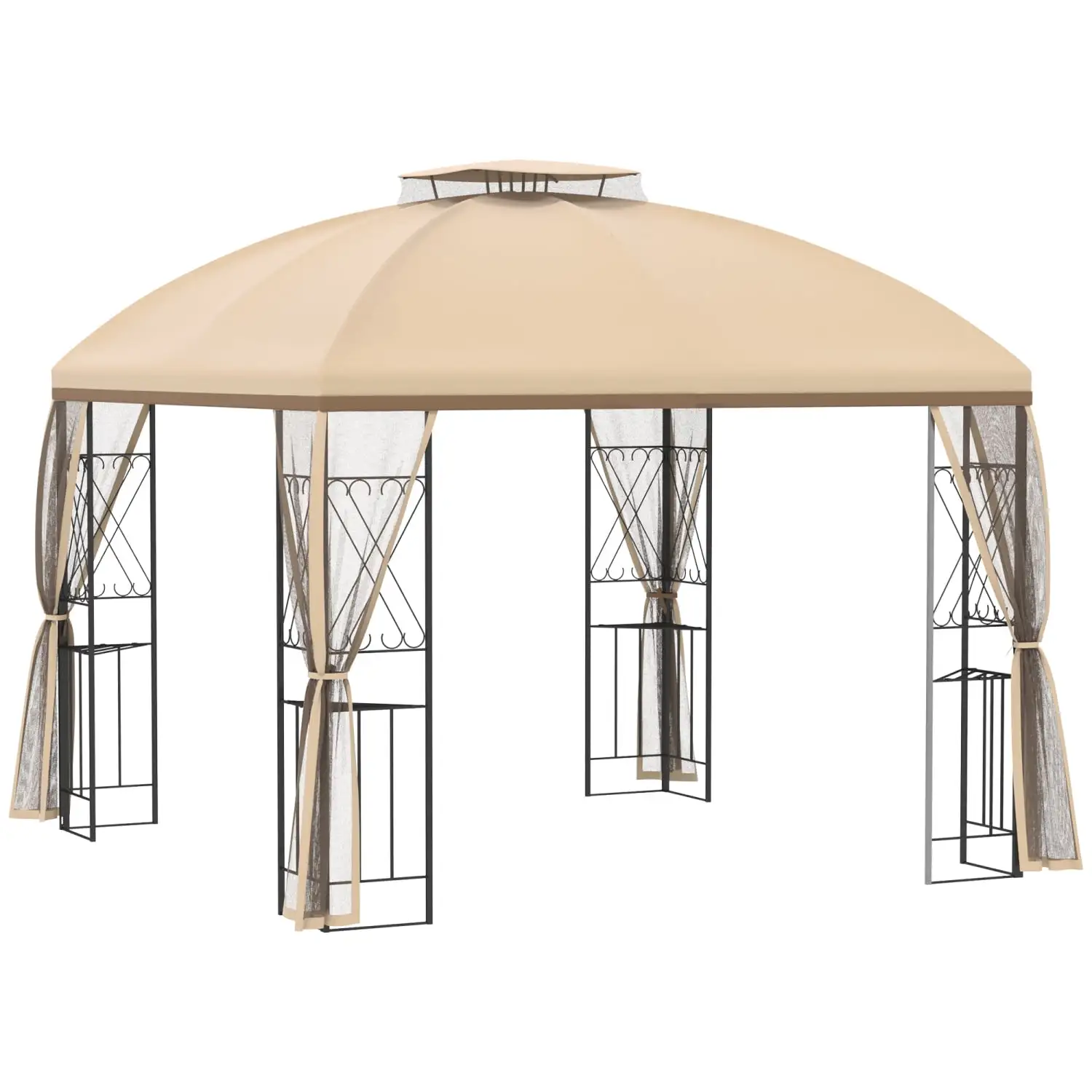 DremFaryoyo 10' x 10' Patio Gazebo with Corner Shelves Double Roof Outdoor Gazebo Canopy Shelter with Removable Mesh Netting for Garden Lawn Backyard and Deck Beige