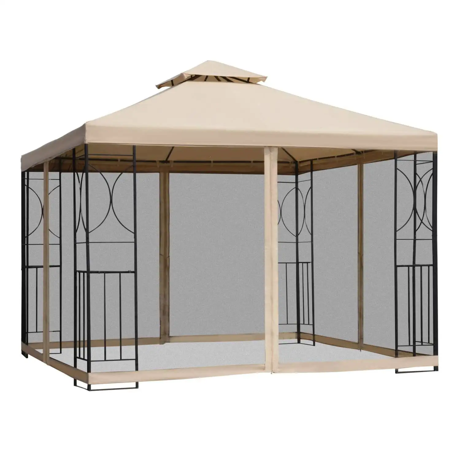 DremFaryoyo 10' x 10' Patio Gazebo with Corner Shelves Outdoor Gazebo Canopy Shelter with Netting and Vented Roof for Garden Lawn Backyard and Deck