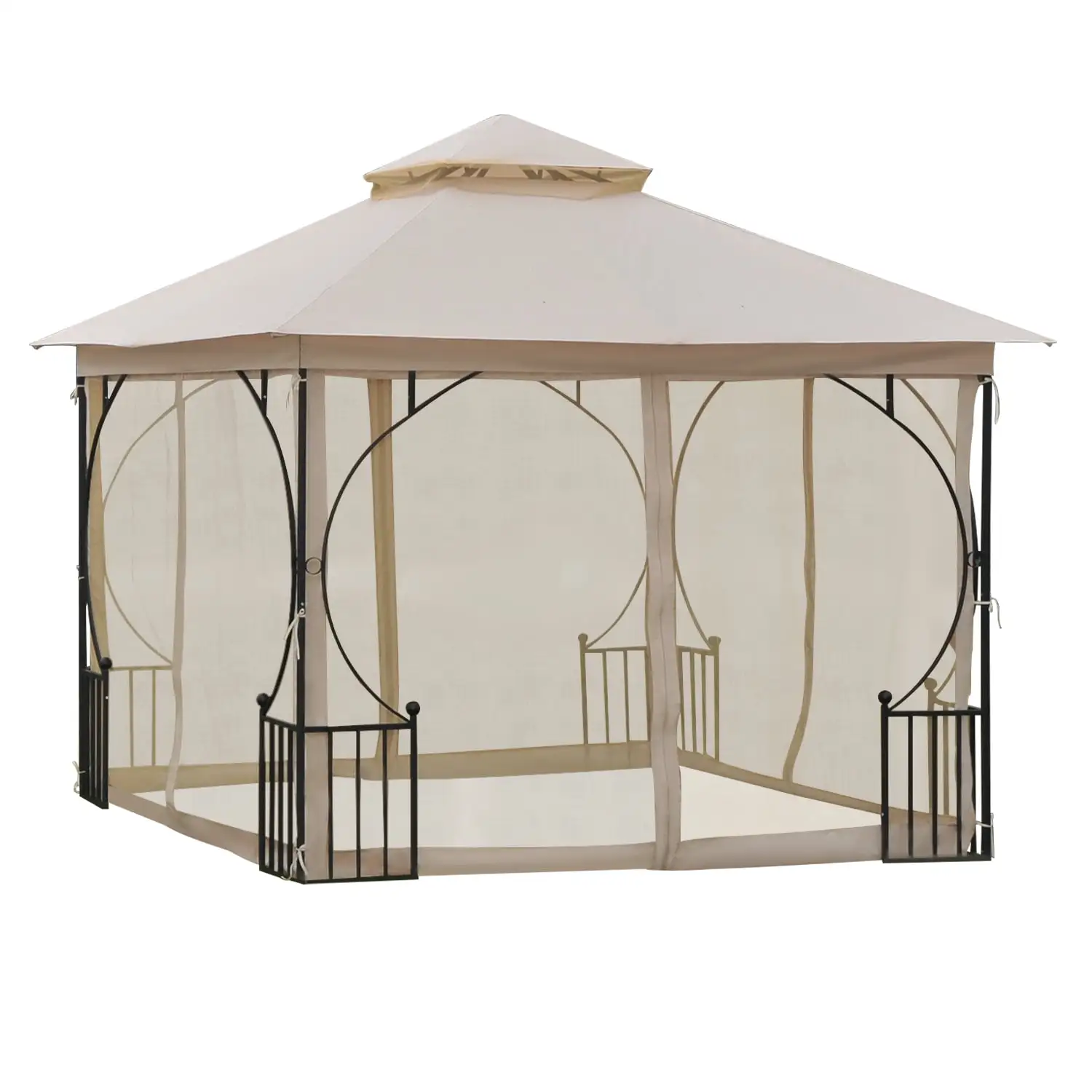 DremFaryoyo 10' x 10' Patio Gazebo Double Roof Outdoor Gazebo Canopy Shelter with Netting Steel Corner Frame for Garden Lawn Backyard and Deck Beige