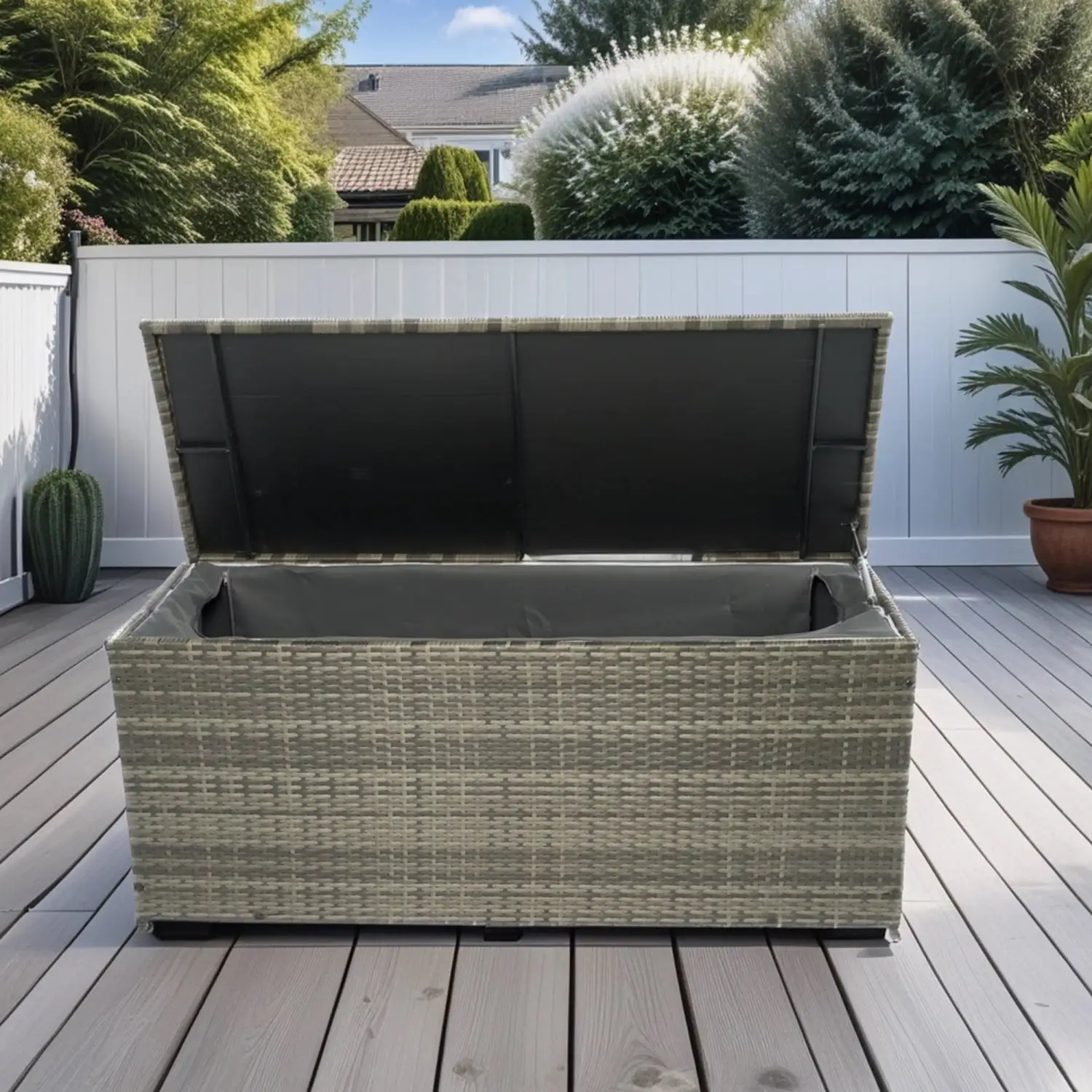 DremFaryoyo Outdoor Box 113 Gallon Wicker Patio Deck Boxes with Lid Outdoor Cushion for Toys Pillows Towel Grey Wicker