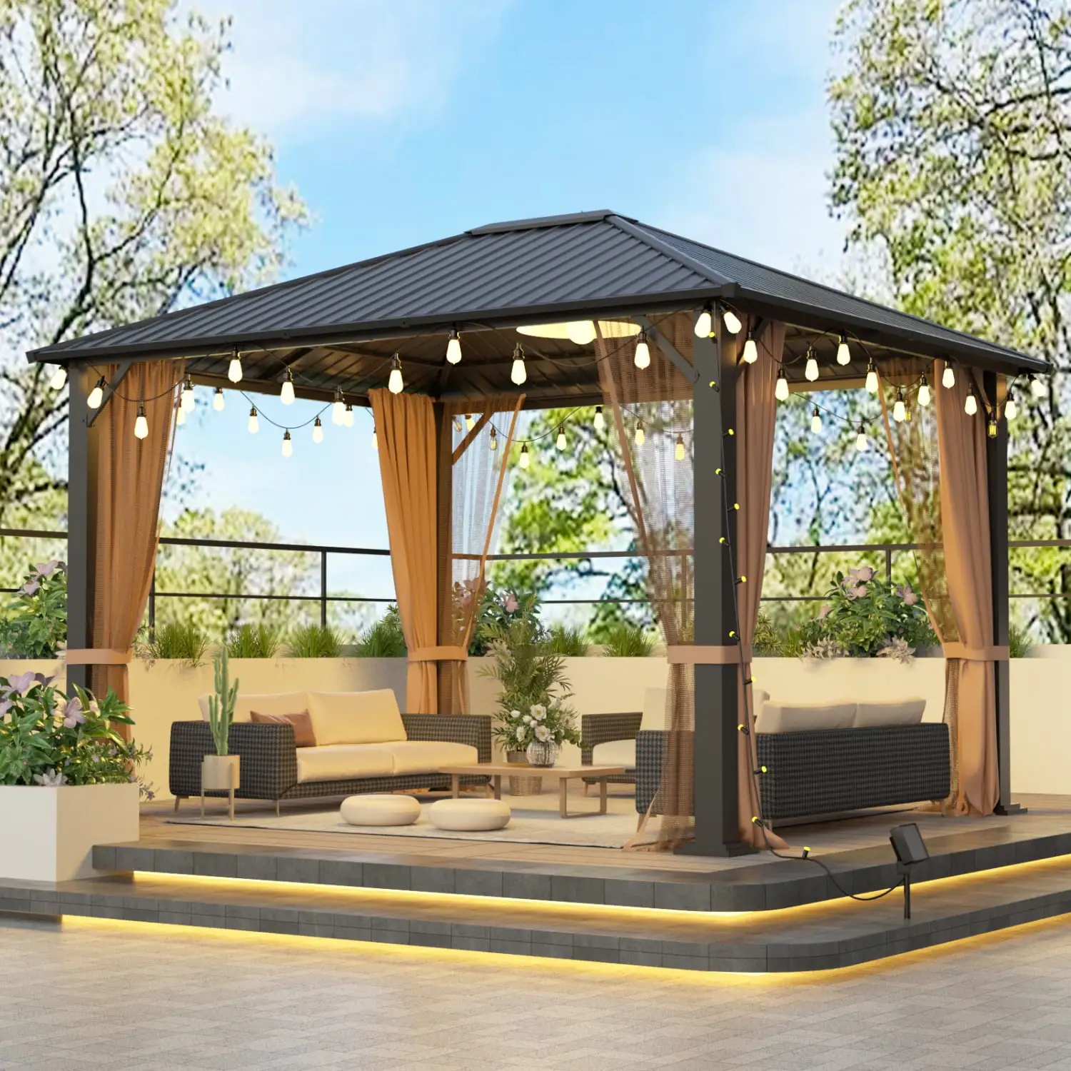 Durable High Quality Metal Gazebo with Sturdy Hardtop Pergola Galvanized Steel and Polycarbonate Roof - Includes Mosquito Nets - Long Lasting Sturdy Outdoor Canopy Tent for Gardens Pati