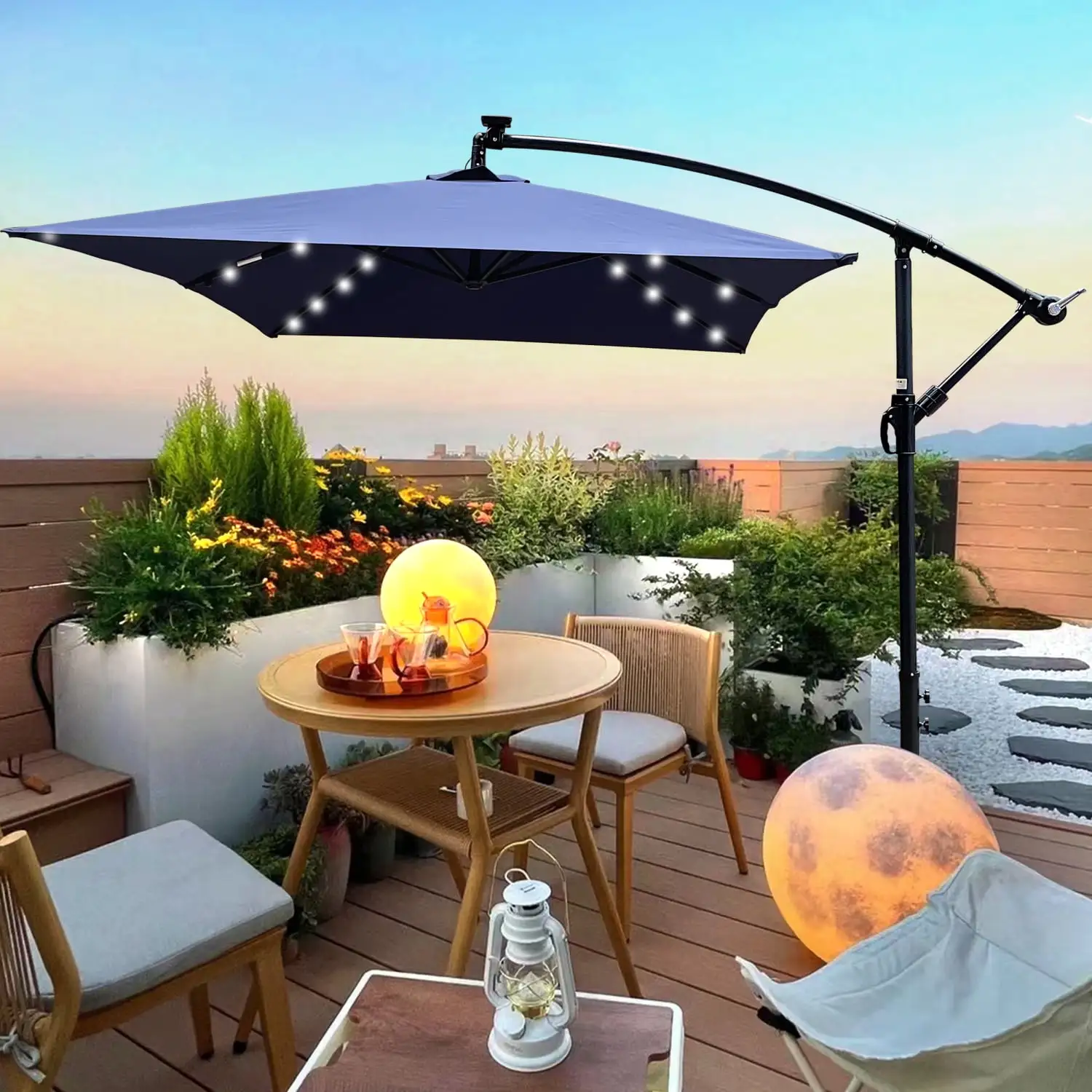 Durable Waterproof Rectangular 2x3M Outdoor Patio Umbrella with Solar Powered LED Lighted Sun Shade - Market Style for Garden Deck Backyard and Pool - Sturdy Cross Base Adjustable Cra