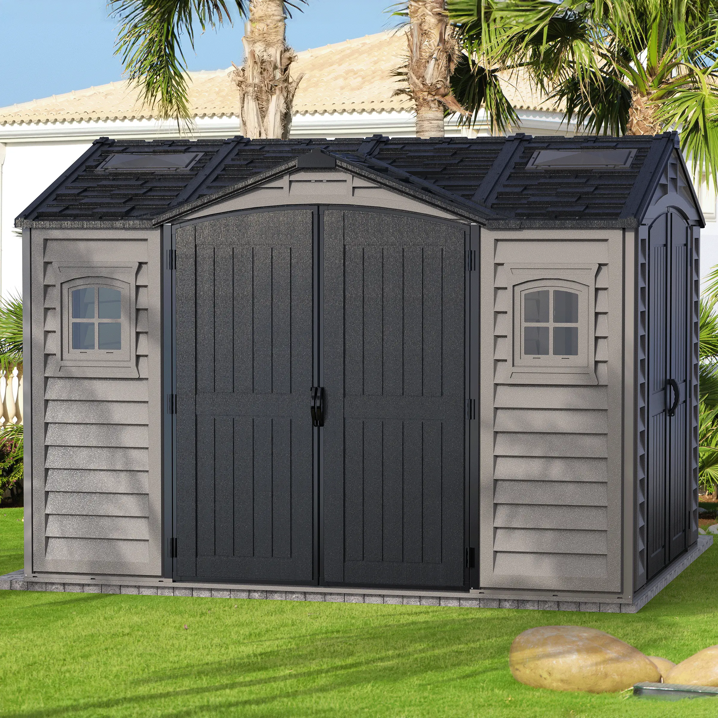 Duramax 10.5 x 8 Apex Pro Vinyl Storage Shed w/Foundation. 2 windows & side door