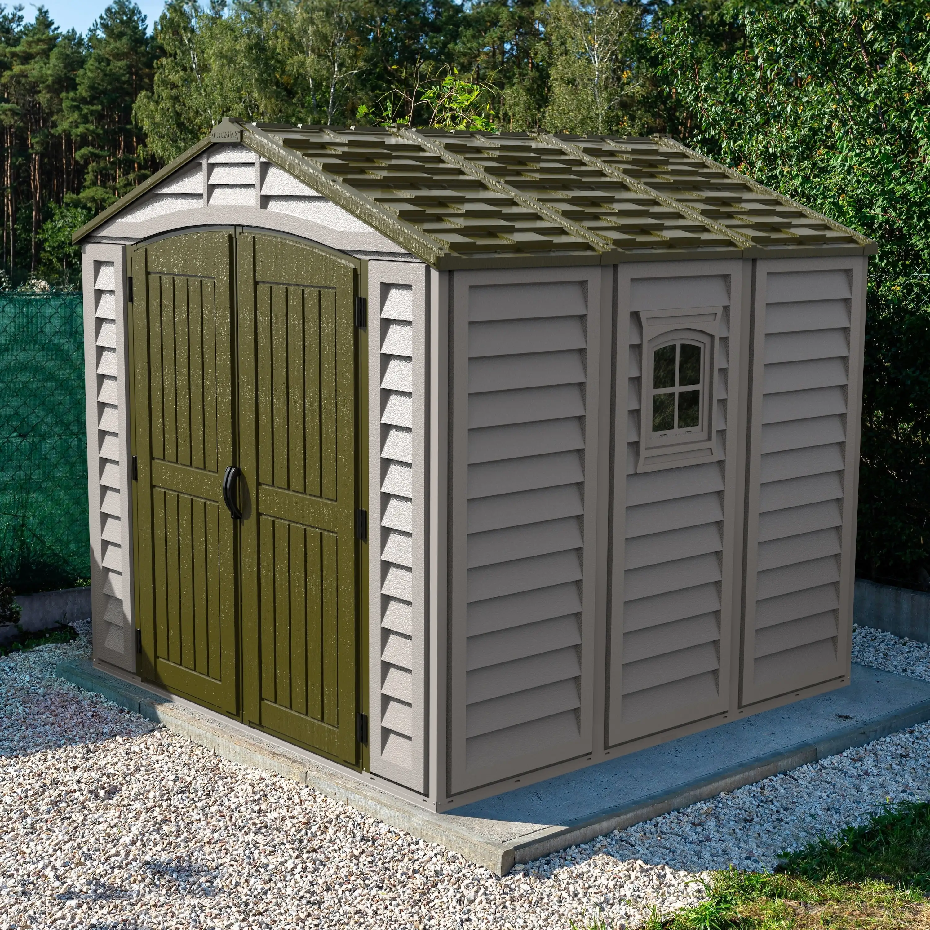 Duramax Duraplus 8 ft by 8 ft Outdoor Storage Shed. Offwhite/Brown 8x8