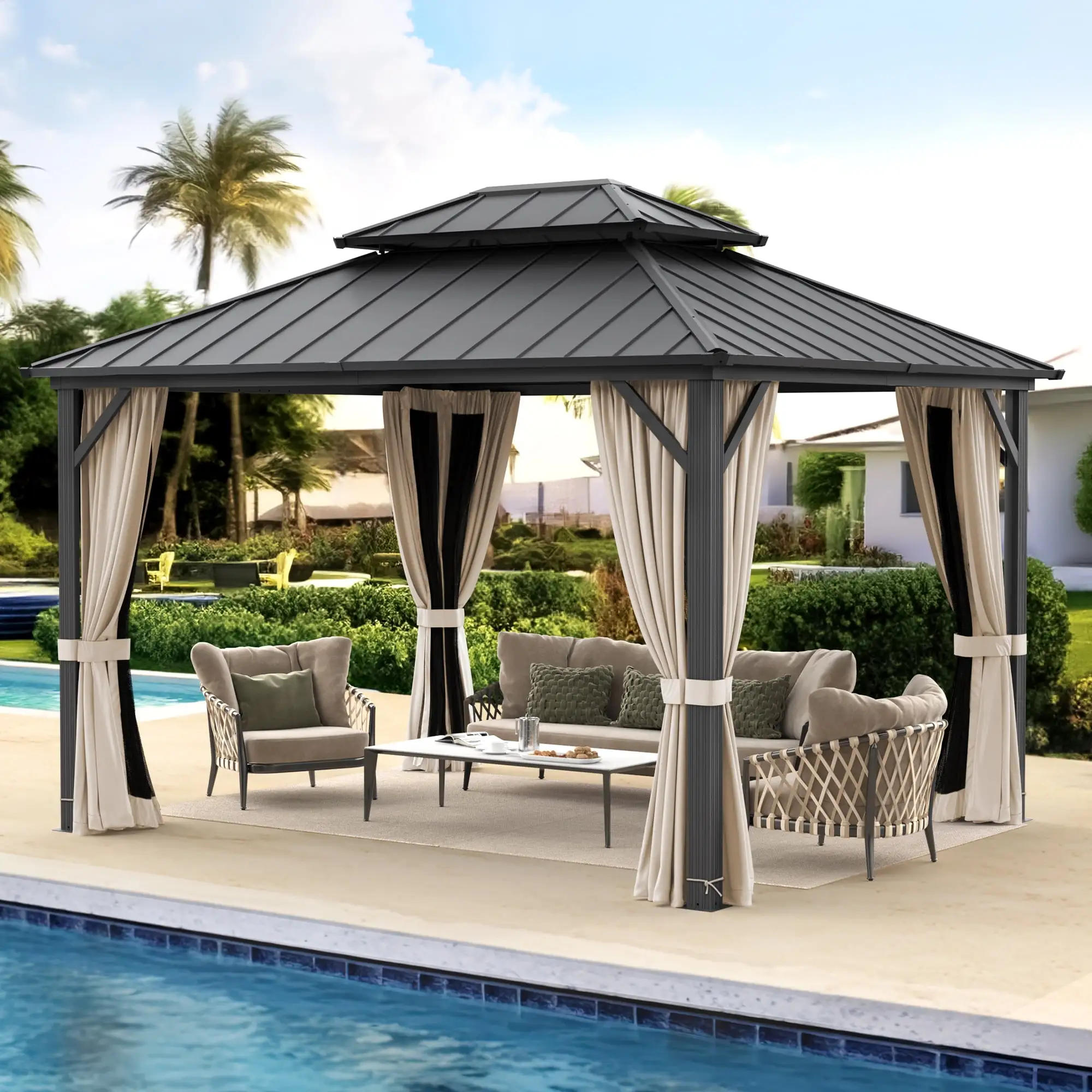 Dycanpo Hardtop Gazebo with Nettings Curtains. Galvanized Steel Double Roof Pergola.10'x12'.Black