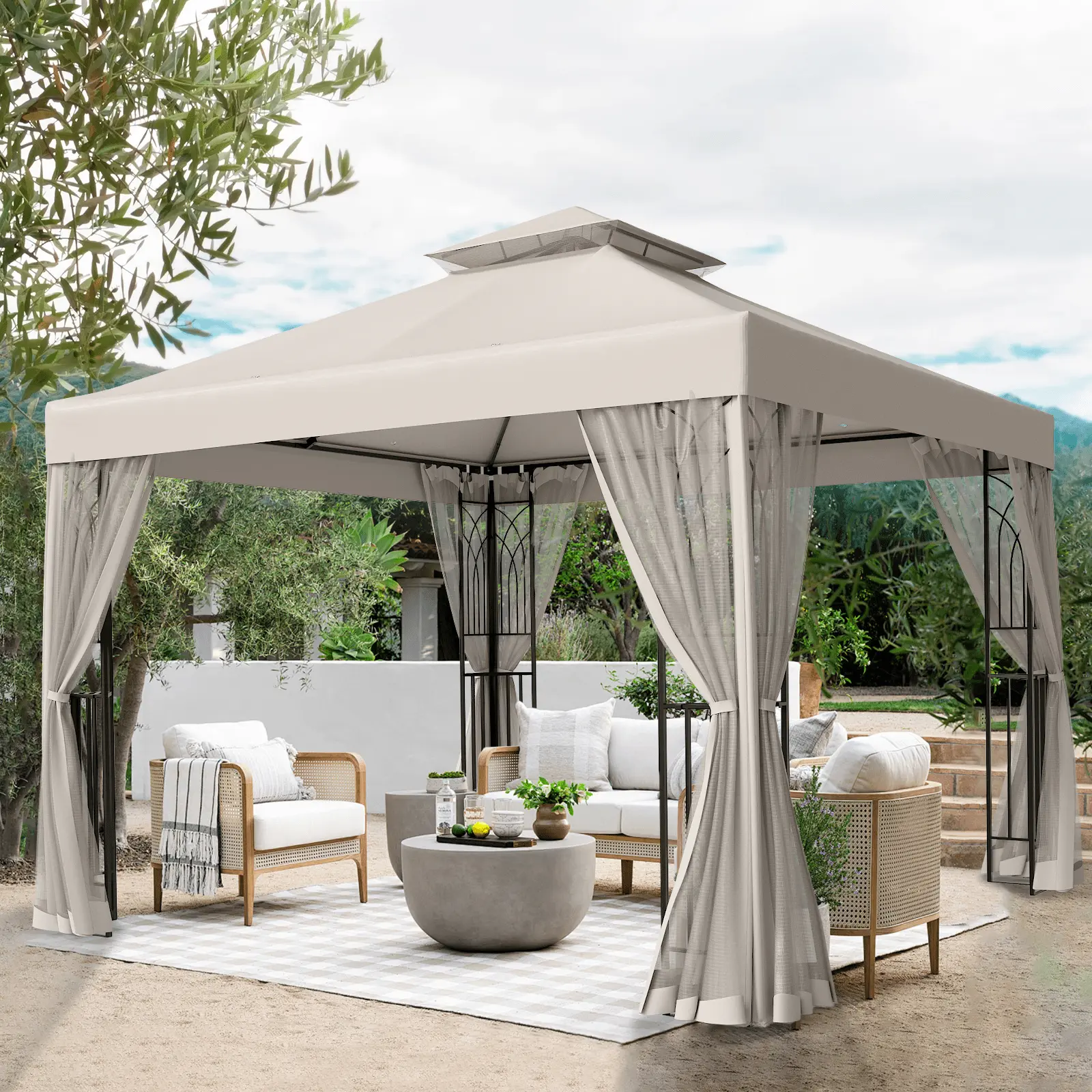 EAGLE PEAK 10 ft. x 10 ft. Outdoor Patio Gazebo Canopy Tent with Ventilated Double Roof and Mosquito Net.Beige