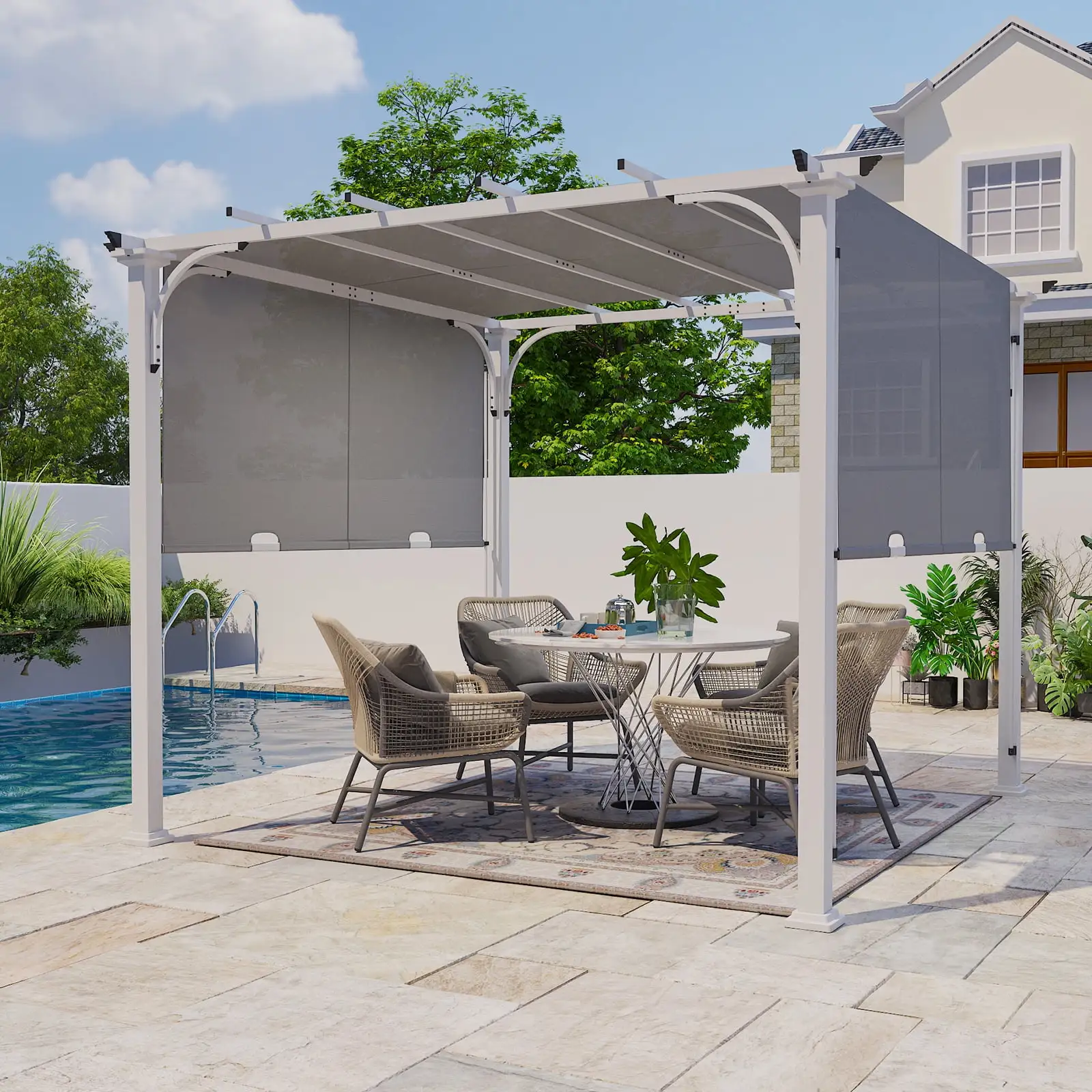 EAGLE PEAK 10 x 10 FT Outdoor Pergola with Retractable Shade Canopy. White Frame. Gray Top