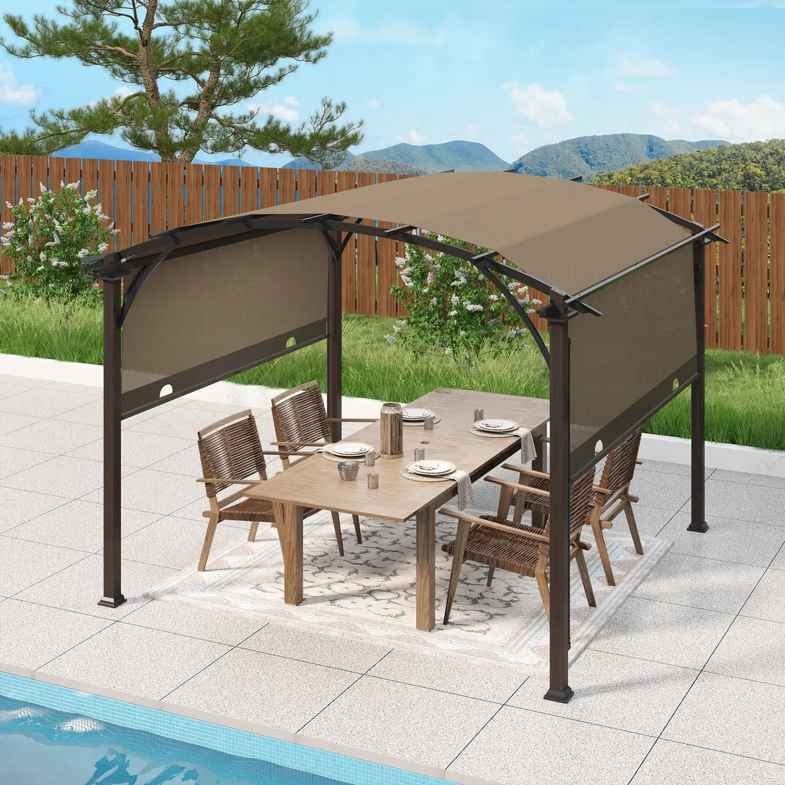 EAGLE PEAK 11.4 x 11.4 FT Outdoor Pergola with Retractable Shade Canopy. Wood Grain Frame. Tan Top