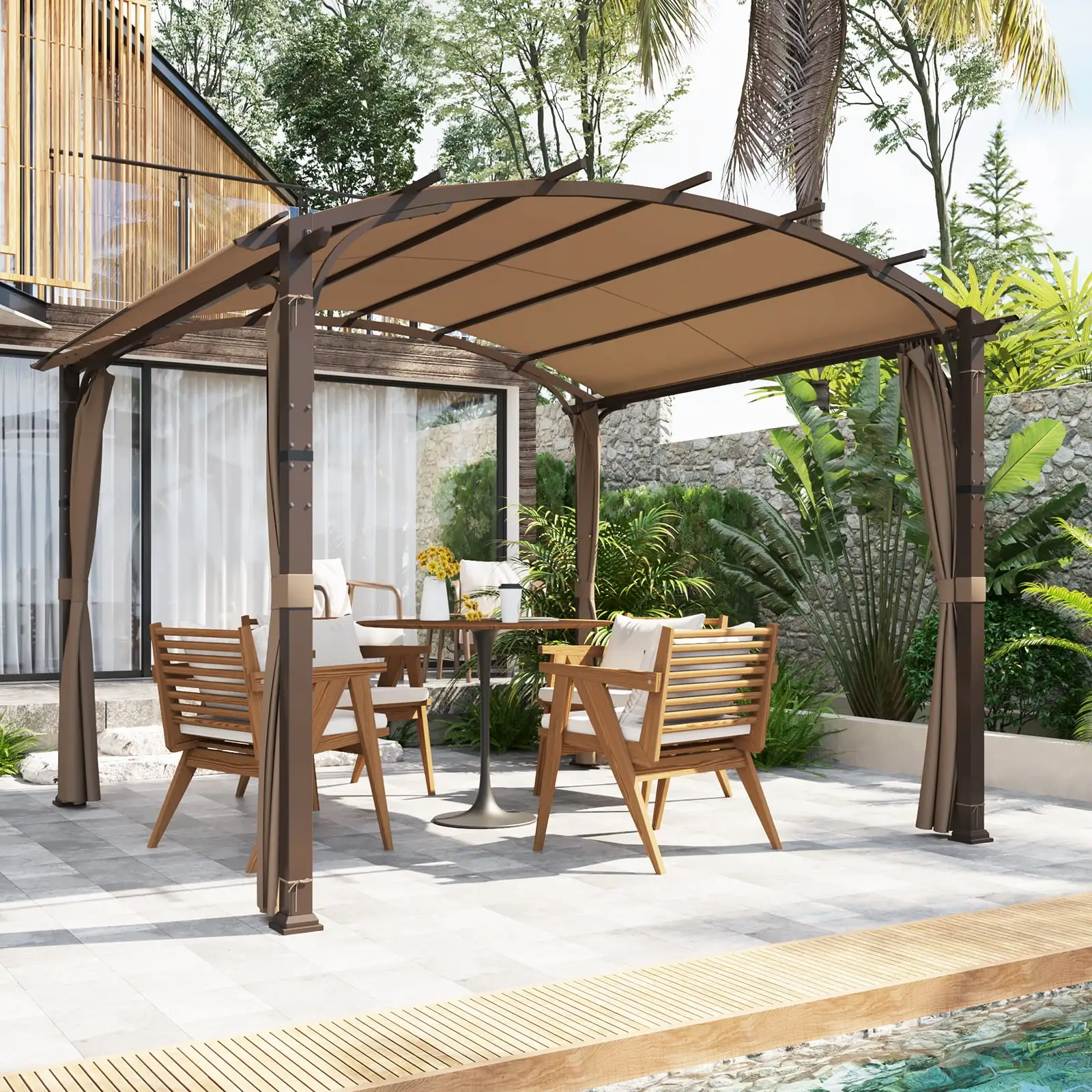 EAGLE PEAK 11 x 11 Ft. Outdoor Steel Arched Pergola with Shade top and Curtain